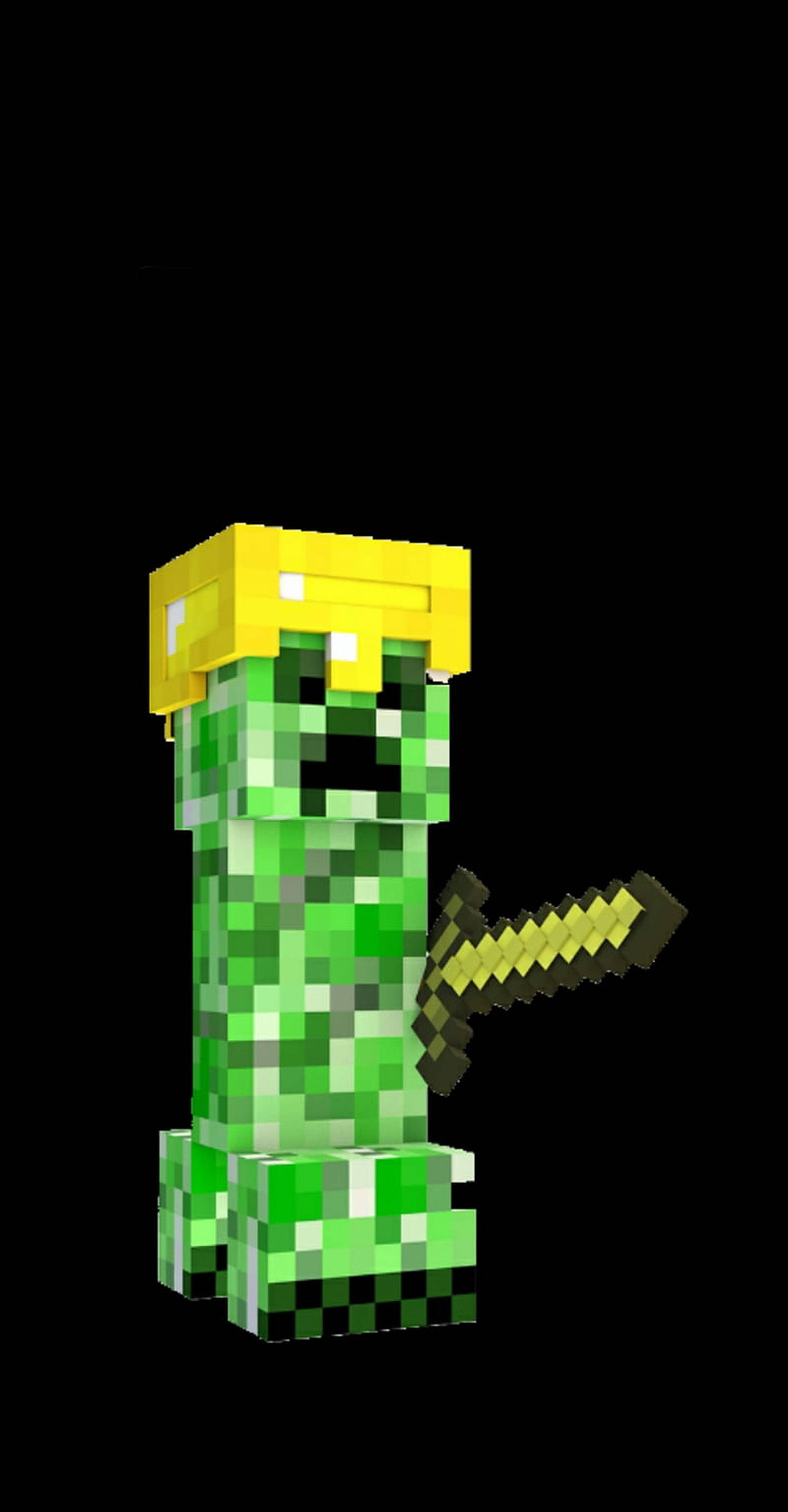 Creeper 桌布 壁紙 — 一個來自Minecraft的像素化綠色苦力怕，在黑色背景上手持金色劍。