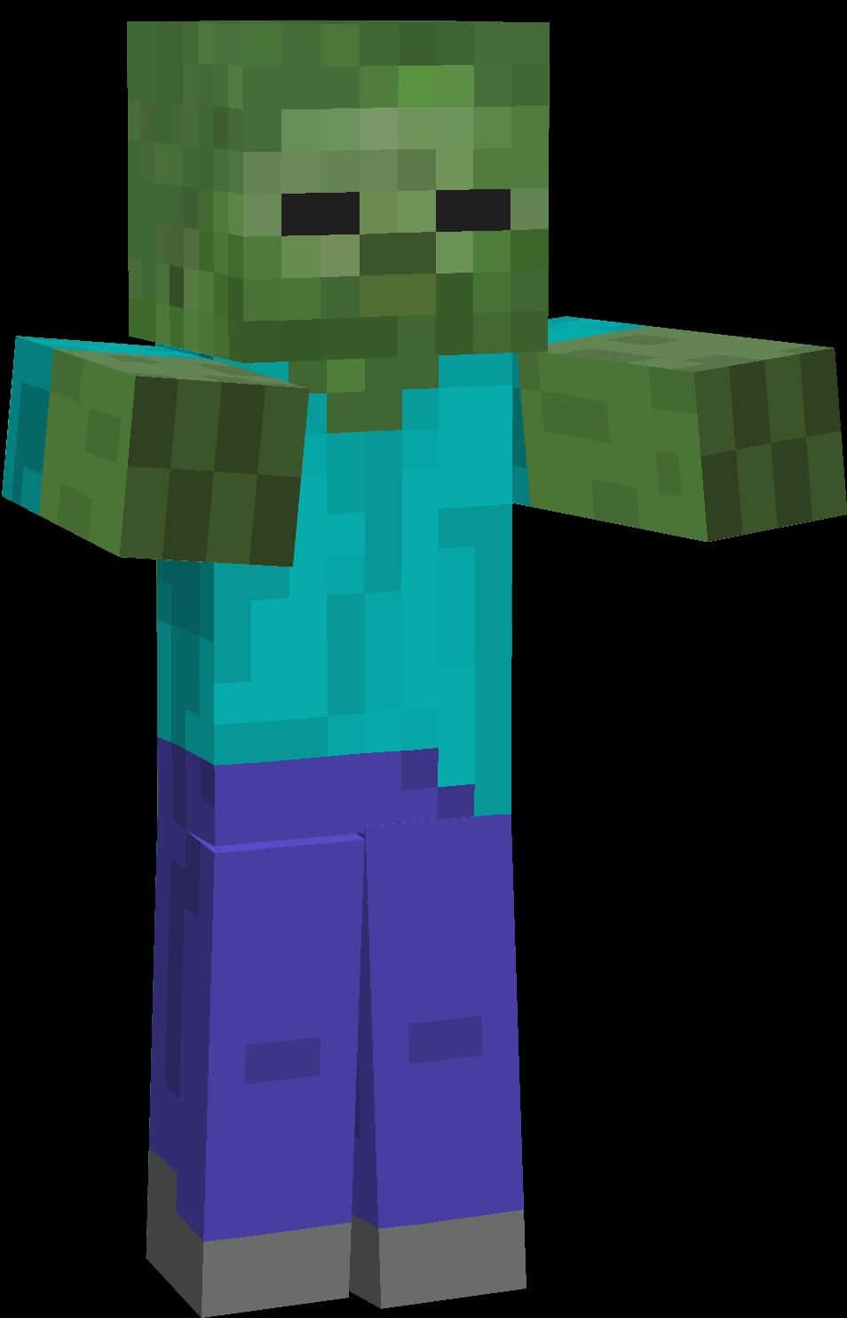 Minecraft Zombie 桌布 壁紙 — 一個來自Minecraft的像素化綠色殭屍角色，穿著青色襯衫和紫色褲子，背景為黑色。