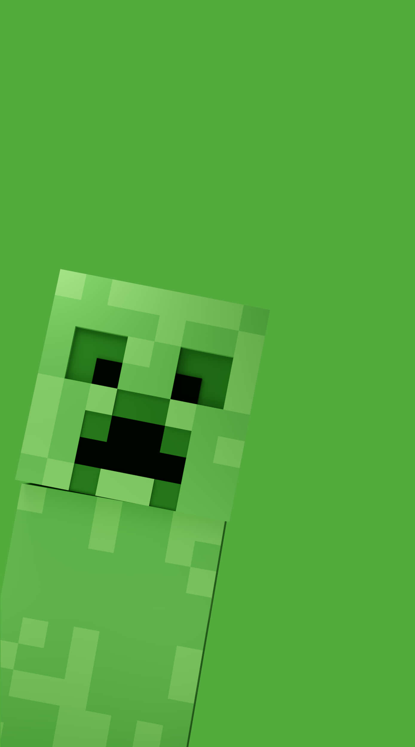 我的世界苦力怕 桌布 壁紙 — 一個來自Minecraft的像素化綠色爬行者，在純綠色背景上探出頭來。