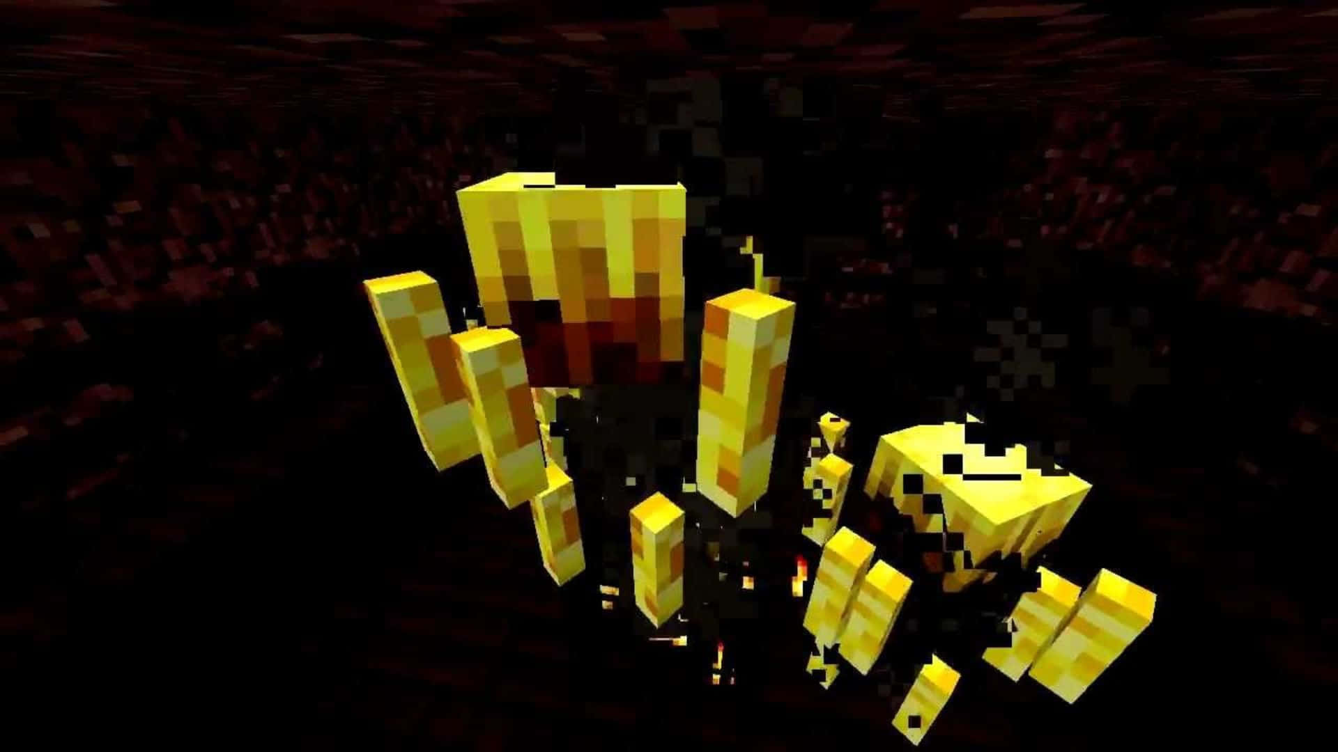 Minecraft Blaze 桌布 壁紙 — 一個來自Minecraft的像素化金色苦力怕，在黑暗的地下洞穴中發光。