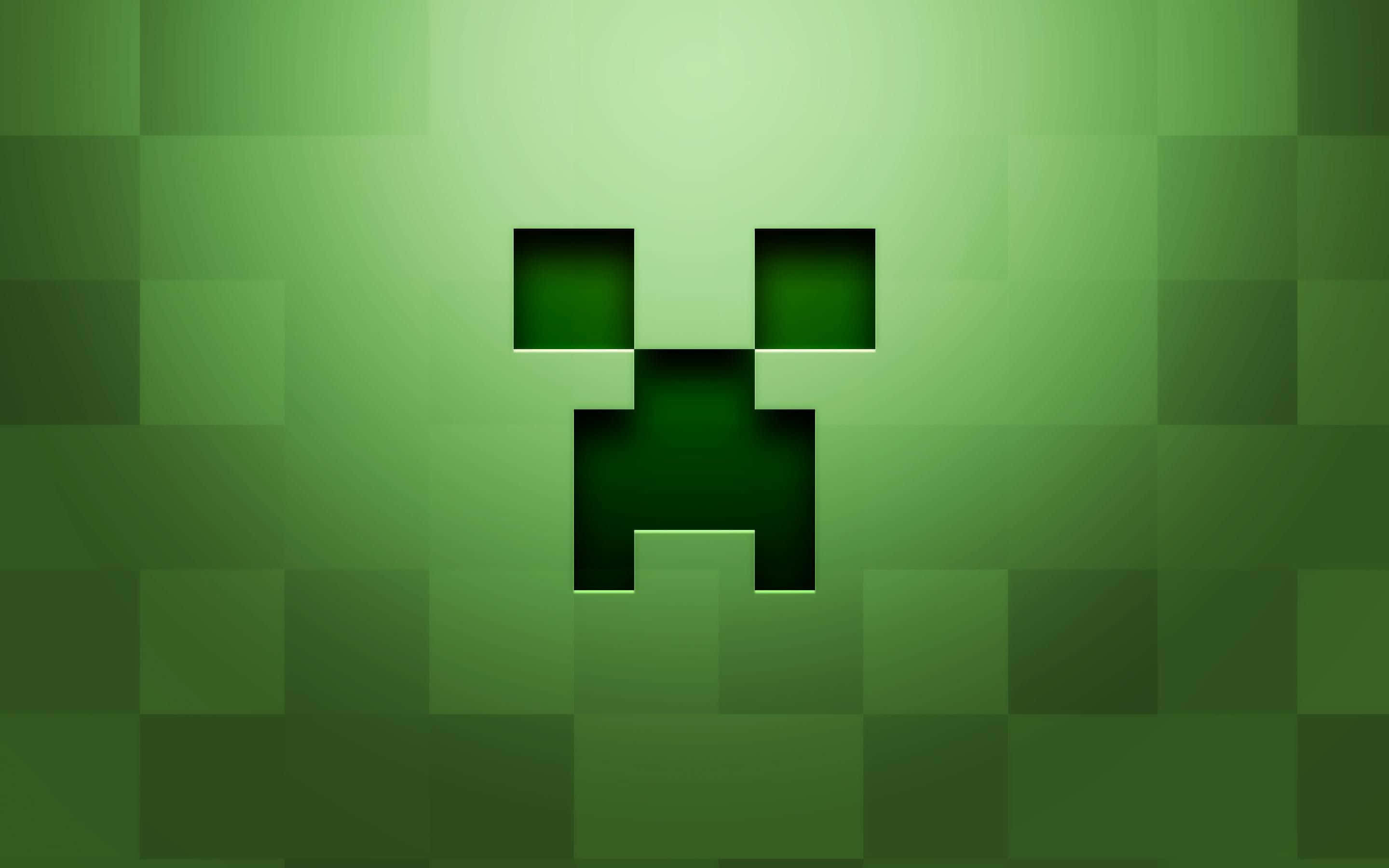 Minecraft Mobs 桌布 壁紙 — 一個來自Minecraft的像素化綠色爬行者面孔，居中在漸變綠色方塊背景上。