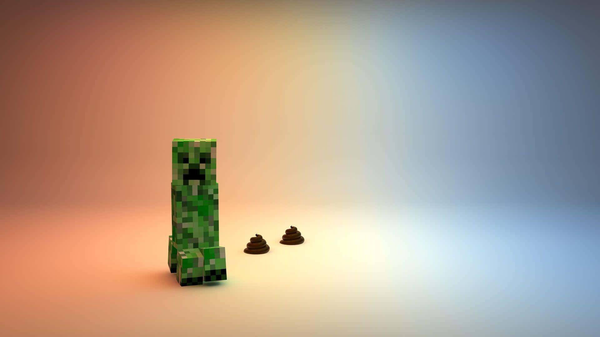可愛 Minecraft 桌布 壁紙 — 一個來自Minecraft的像素化綠色爬行者獨自站在漸層地板上，旁邊有兩小堆棕色糞便。