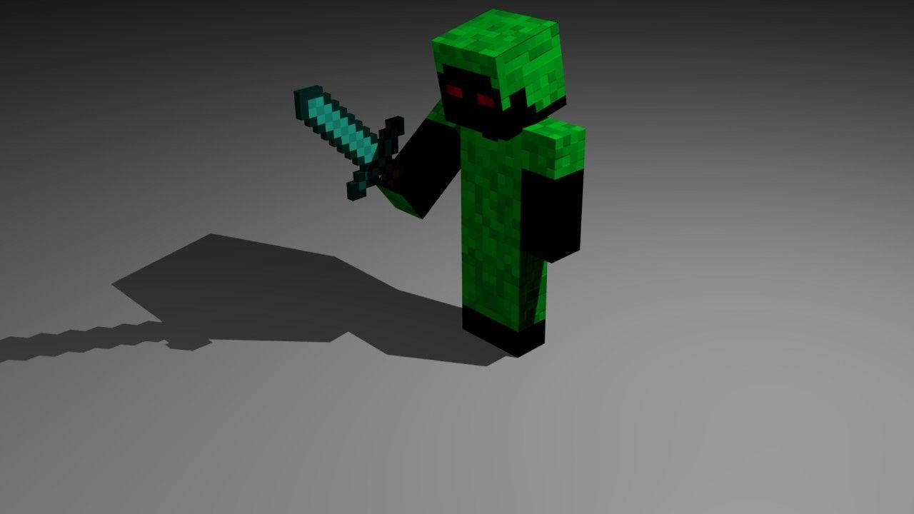 我的世界苦力怕 桌布 壁紙 — 一個來自Minecraft的像素化綠色爬行者，在純灰色背景前手持鑽石劍。