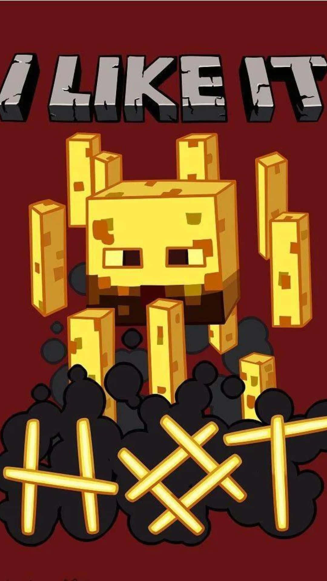 Minecraft Blaze 桌布 壁紙 — 一個來自Minecraft的像素化金色苦力怕站在煙霧中，深紅色背景上方有「I LIKE IT」文字。