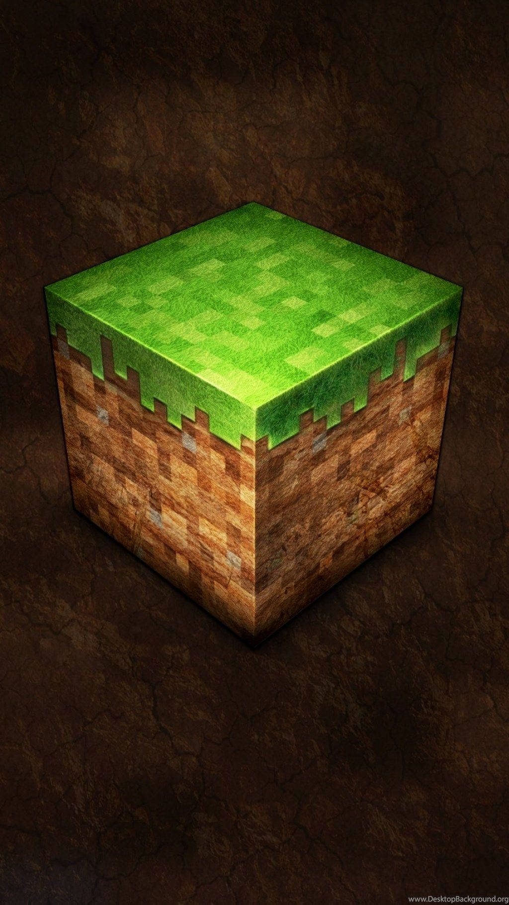 我的世界 高畫質壁紙 桌布 壁紙 — 一個來自Minecraft的像素化草地塊，居中放置在裂開的棕色泥土背景上。