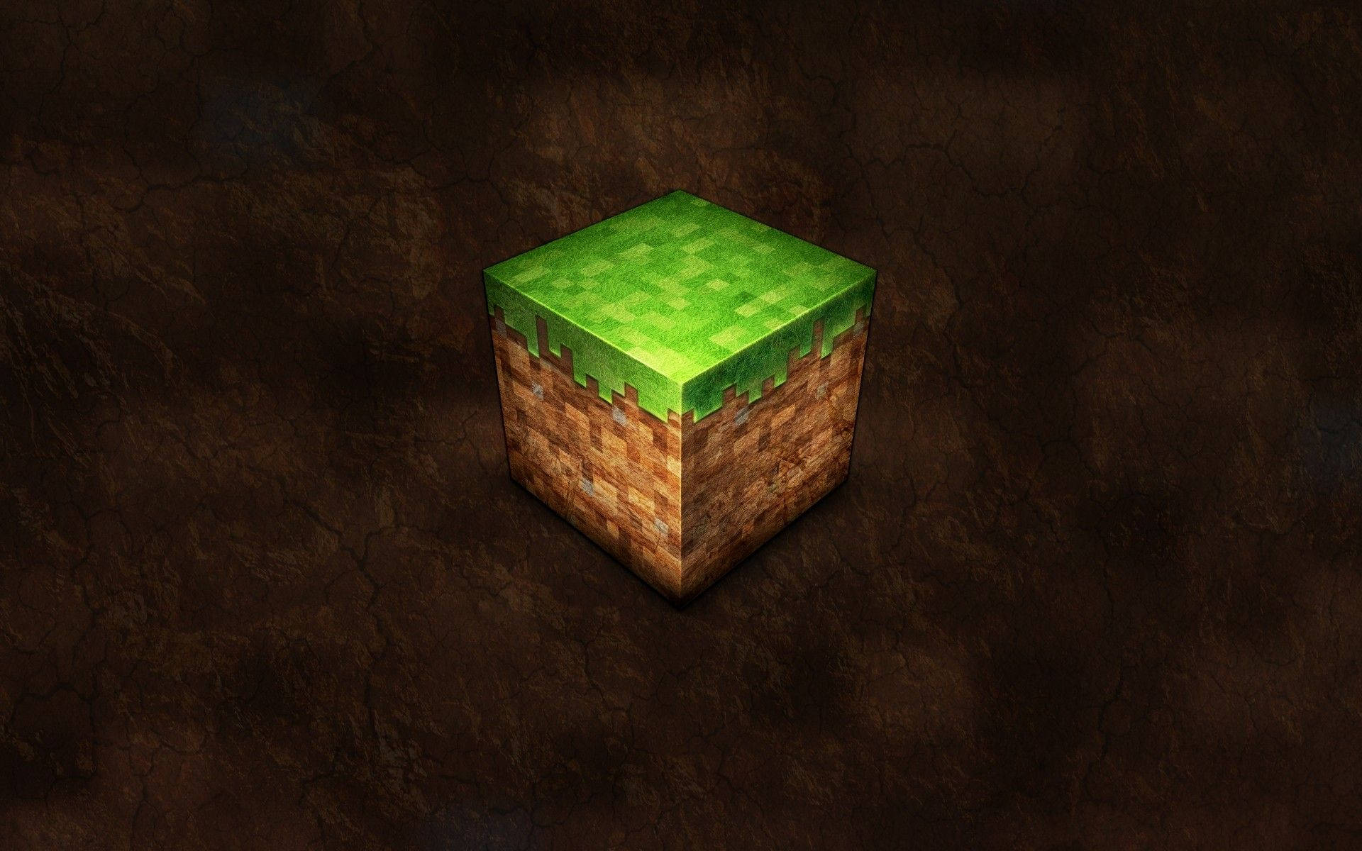 4K Minecraft 壁紙 桌布 壁紙 — 一個來自Minecraft的單個像素化草塊，居中放置在裂開的深棕色泥土背景前。