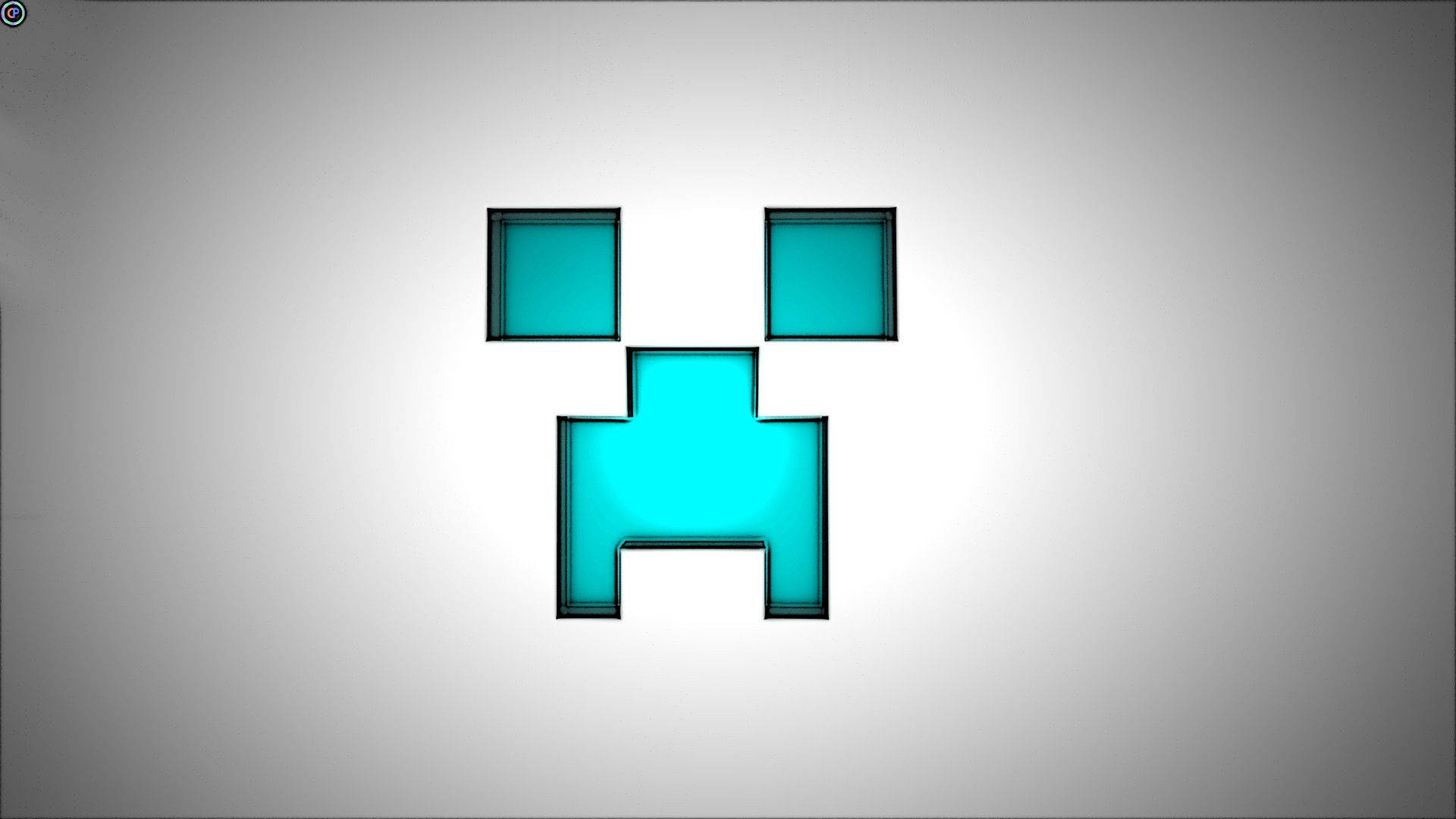 Creeper 桌布 壁紙 — 一個來自Minecraft的發光青色像素化爬行者面孔，居中在漸變灰色背景上。