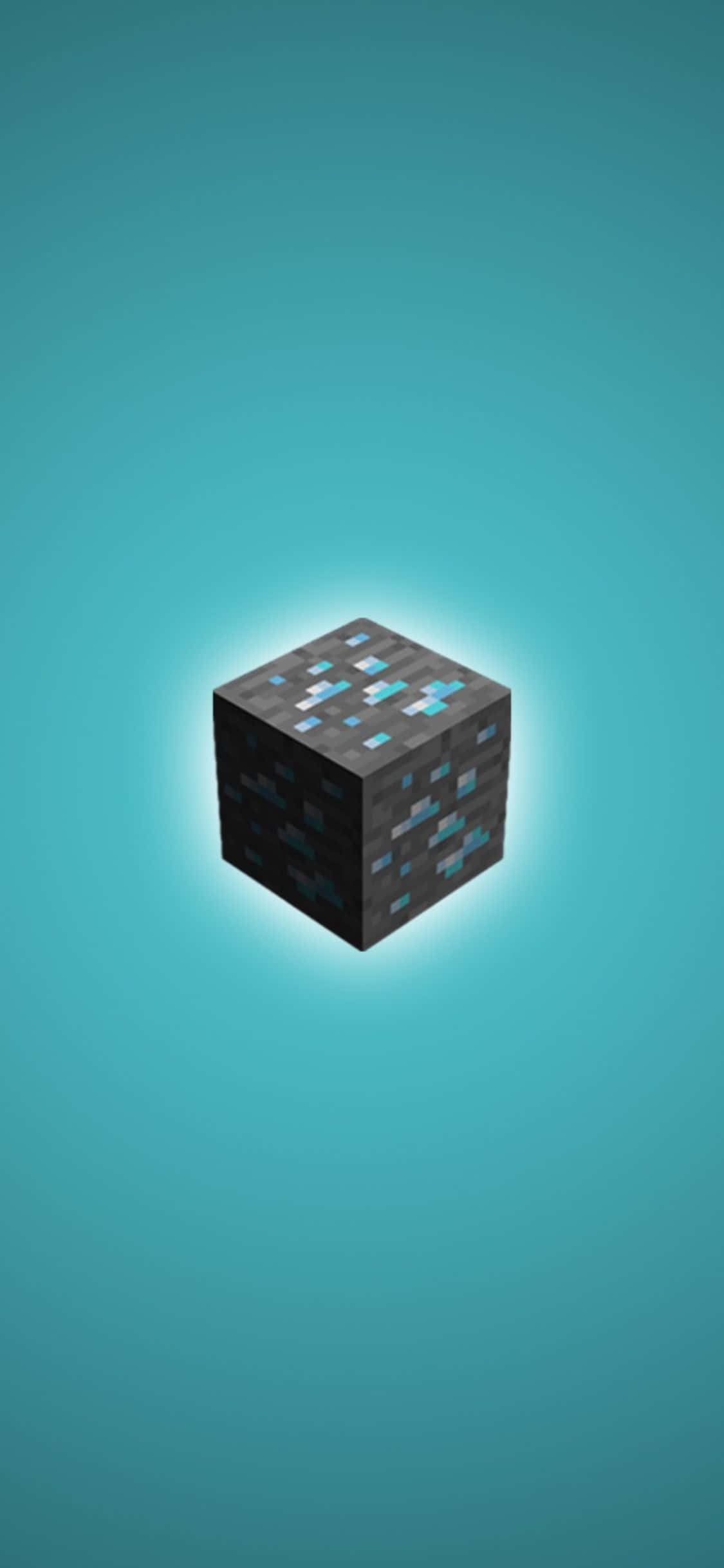 iPhone Xs Minecraft 桌布 壁紙 — 一個來自Minecraft的發光像素化鑽石礦石方塊，在純色青綠漸變背景中央漂浮。