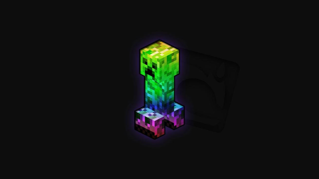 彩色動圖 桌布 壁紙 — 一個來自Minecraft的發光像素苦力怕站在黑色背景上，帶有微妙的陰影。