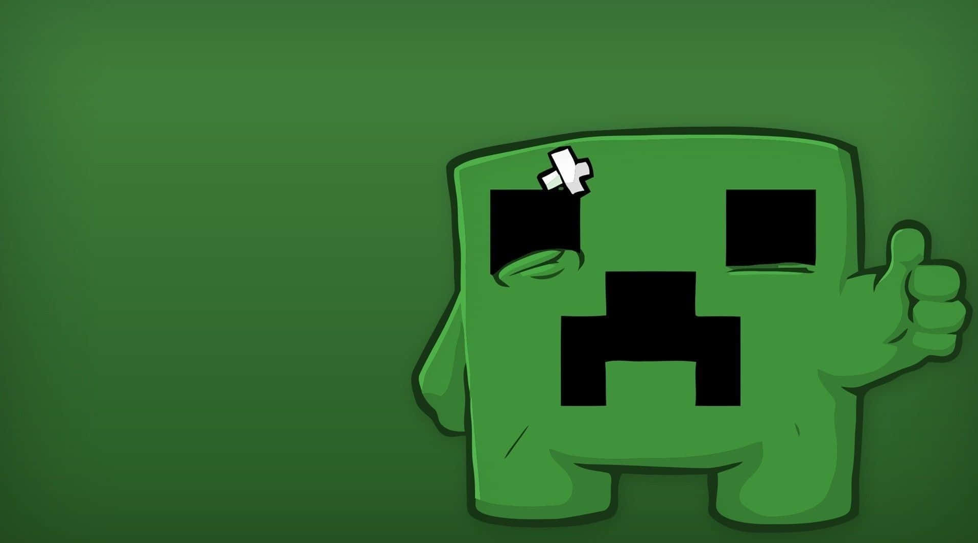 Cute Minecraft 桌布 壁紙 — 一個來自Minecraft的綠色方塊苦力怕，頭上貼著繃帶，在純綠色背景前豎起大拇指。