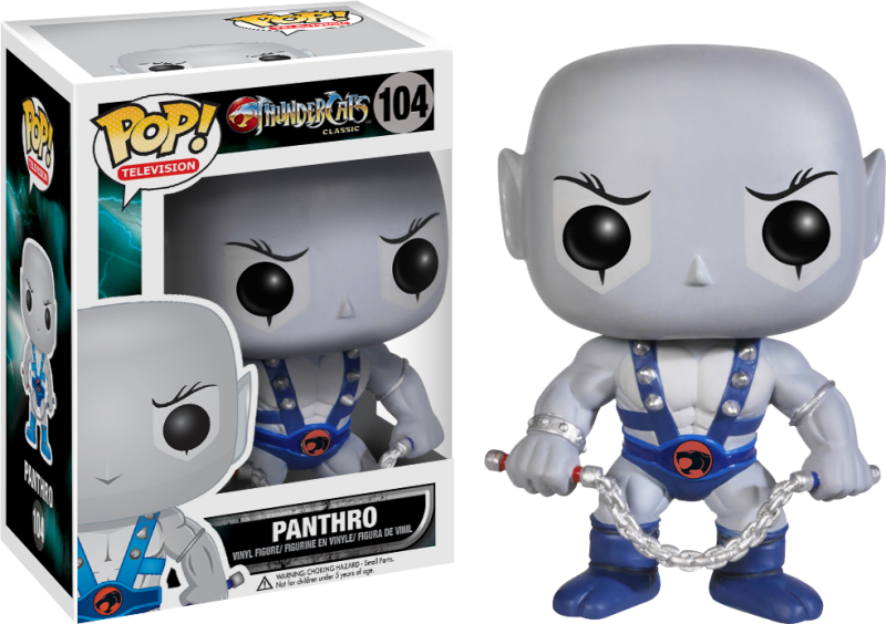 霹靂貓 桌布 壁紙 — 一個來自ThunderCats Classic的Panthro Funko Pop! 乙烯基公仔，旁邊是其收藏盒，配有藍色背帶和鏈條武器。
