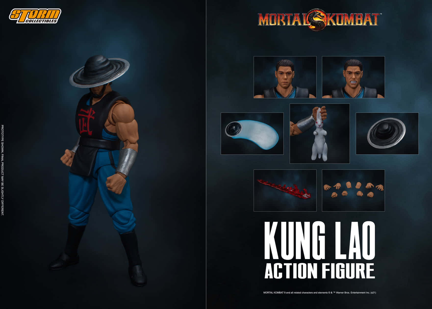 Mortal Kombat Kung Lao 桌布 壁紙 — 一個來自真人快打的詳細Kung Lao可動人偶，在黑暗背景下與其可互換部件一起擺出姿勢。