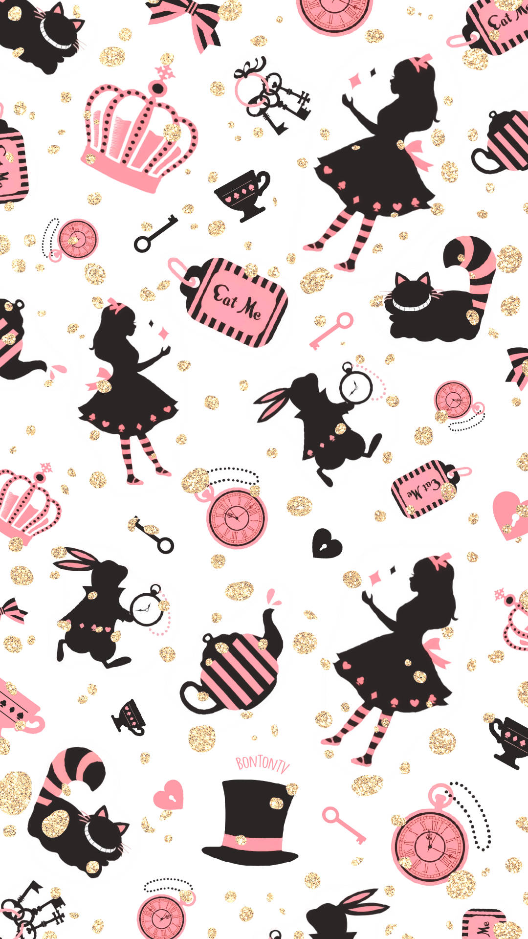 Alice In Wonderland Phone 桌布 壁紙 — 一個俏皮圖案，以粉紅和金色亮粉呈現愛麗絲夢遊仙境的黑色剪影角色和物品，背景為白色。