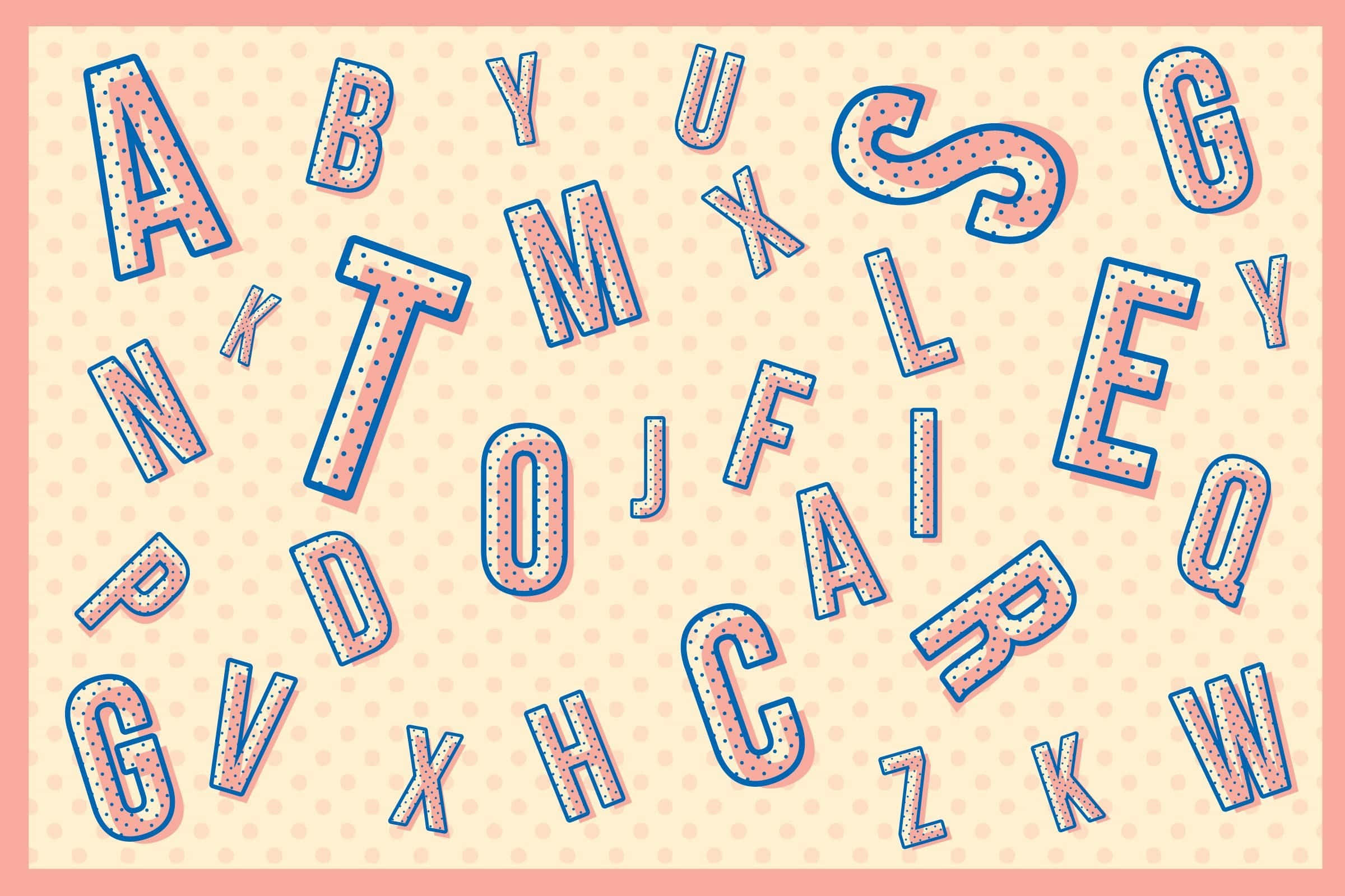 English 桌布 壁紙 — 一個俏皮散落的字母，在圓點米色背景上帶有藍色輪廓的粉紅色點狀字母。