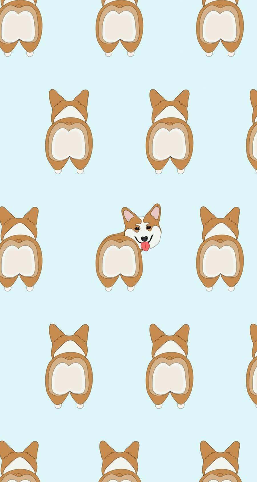 Kawaii Dog 桌布 壁紙 — 一個俏皮的卡通柯基圖案，其中一個調皮的臉從牠們的屁股之間探出，背景是柔和的藍色。