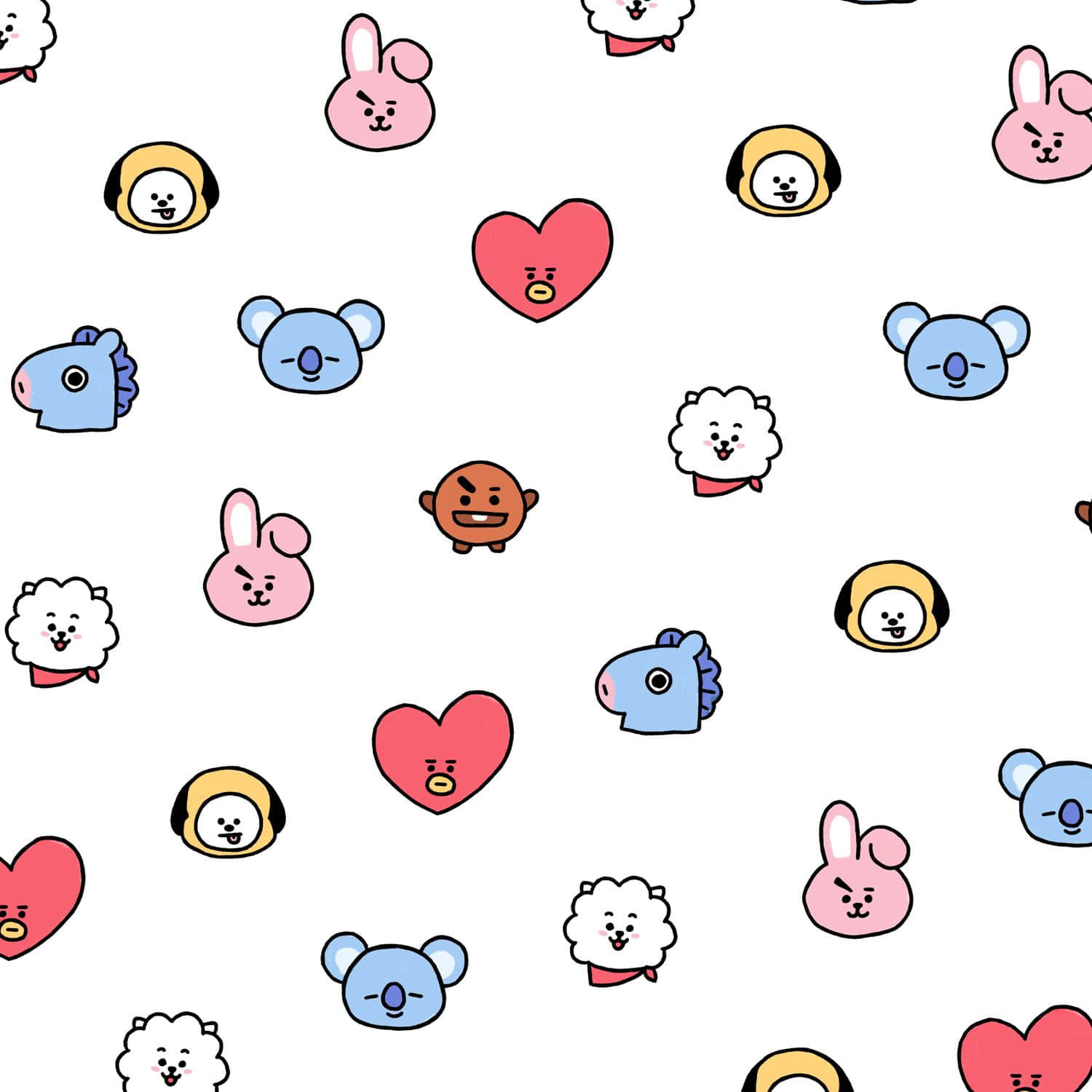 BT21 桌布 壁紙 — 一個俏皮的圖案，BT21卡通角色和心形散落在乾淨的白色背景上。