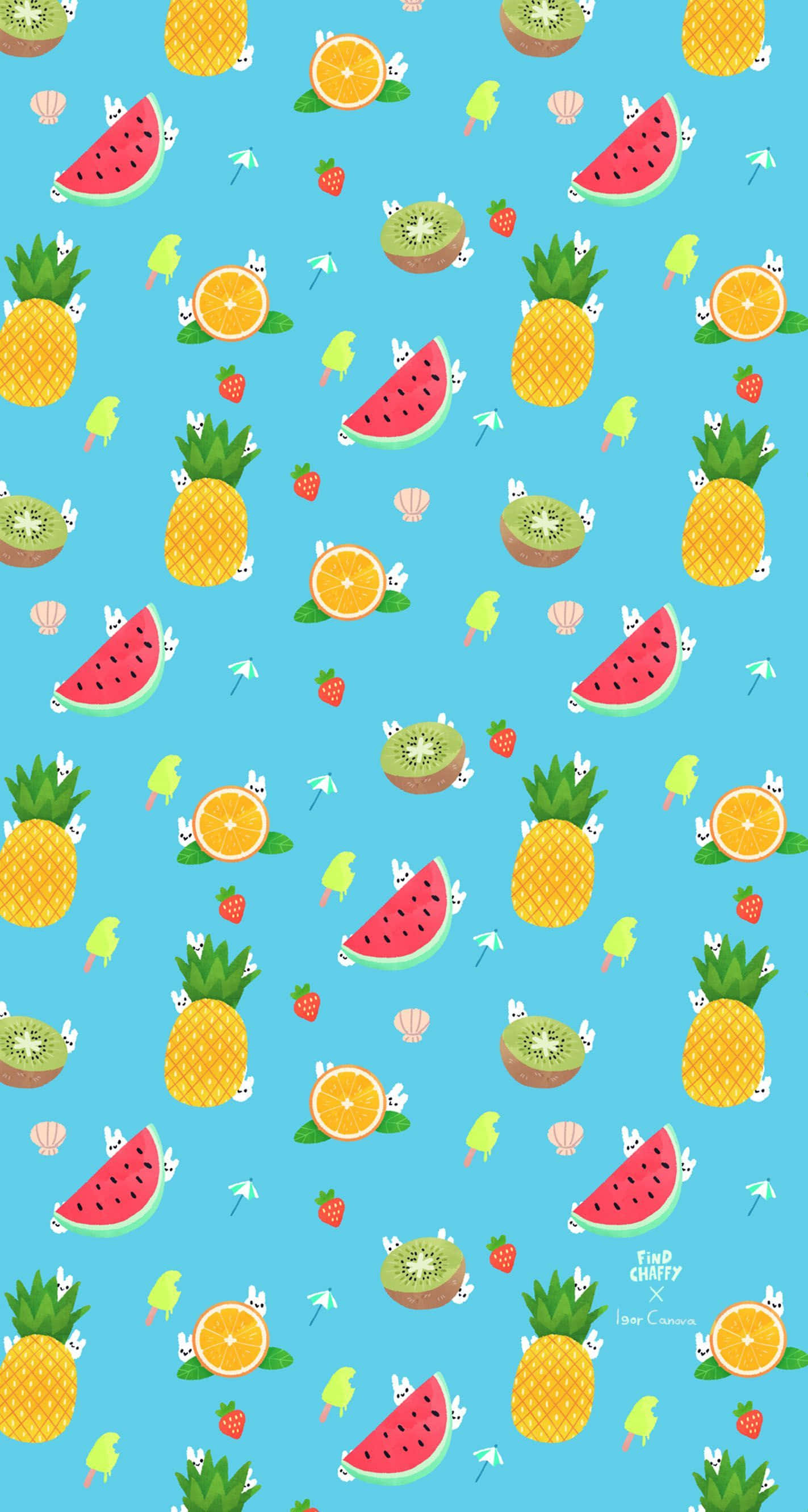 Summer iPhone 桌布 壁紙 — 一個俏皮的圖案，卡通水果片和冰棒散落在明亮的藍色背景上。