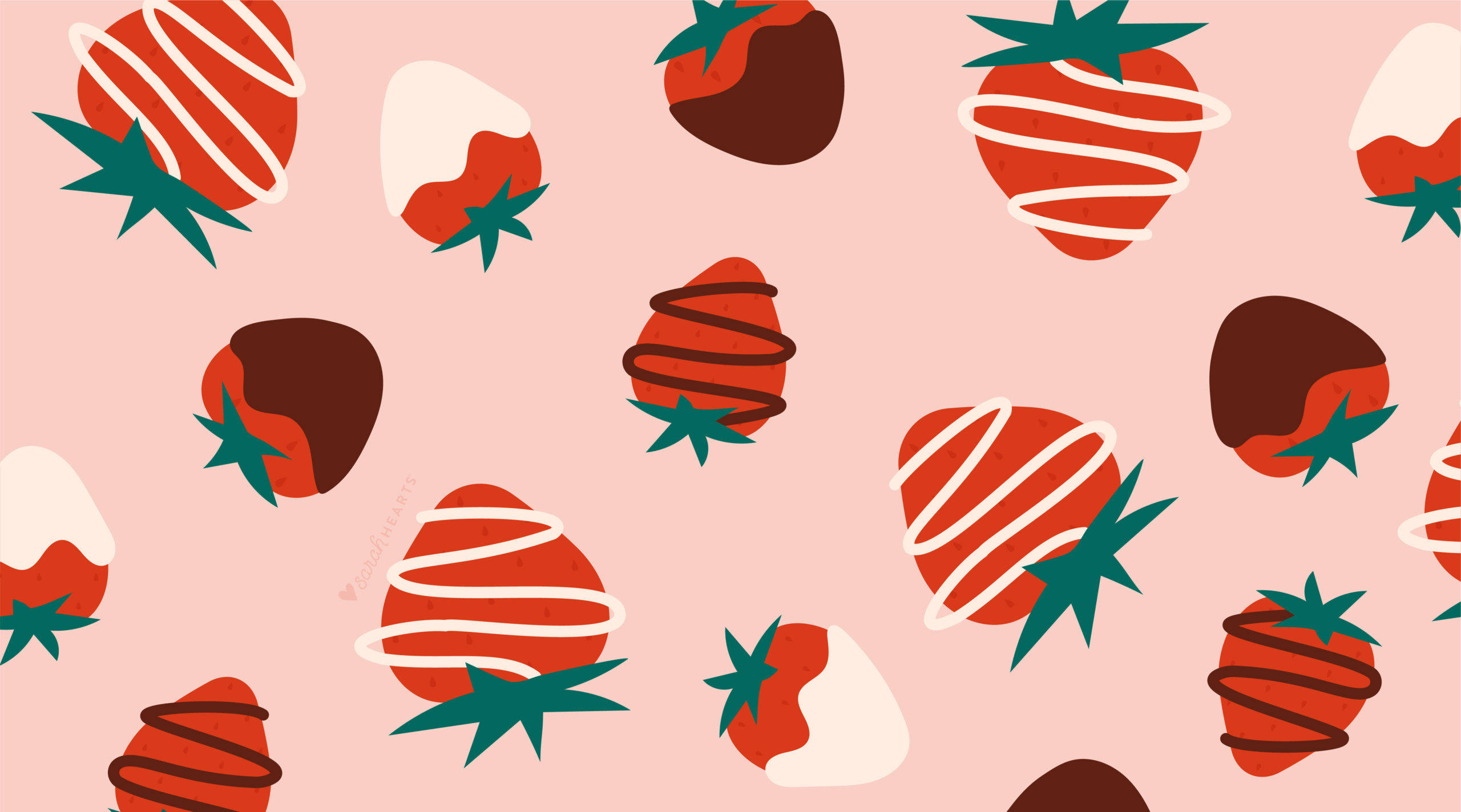 Fruit 桌布 壁紙 — 一個俏皮的圖案，展示插圖風格的草莓蘸上巧克力，並淋上白巧克力或黑巧克力，置於柔和的粉紅色背景上。