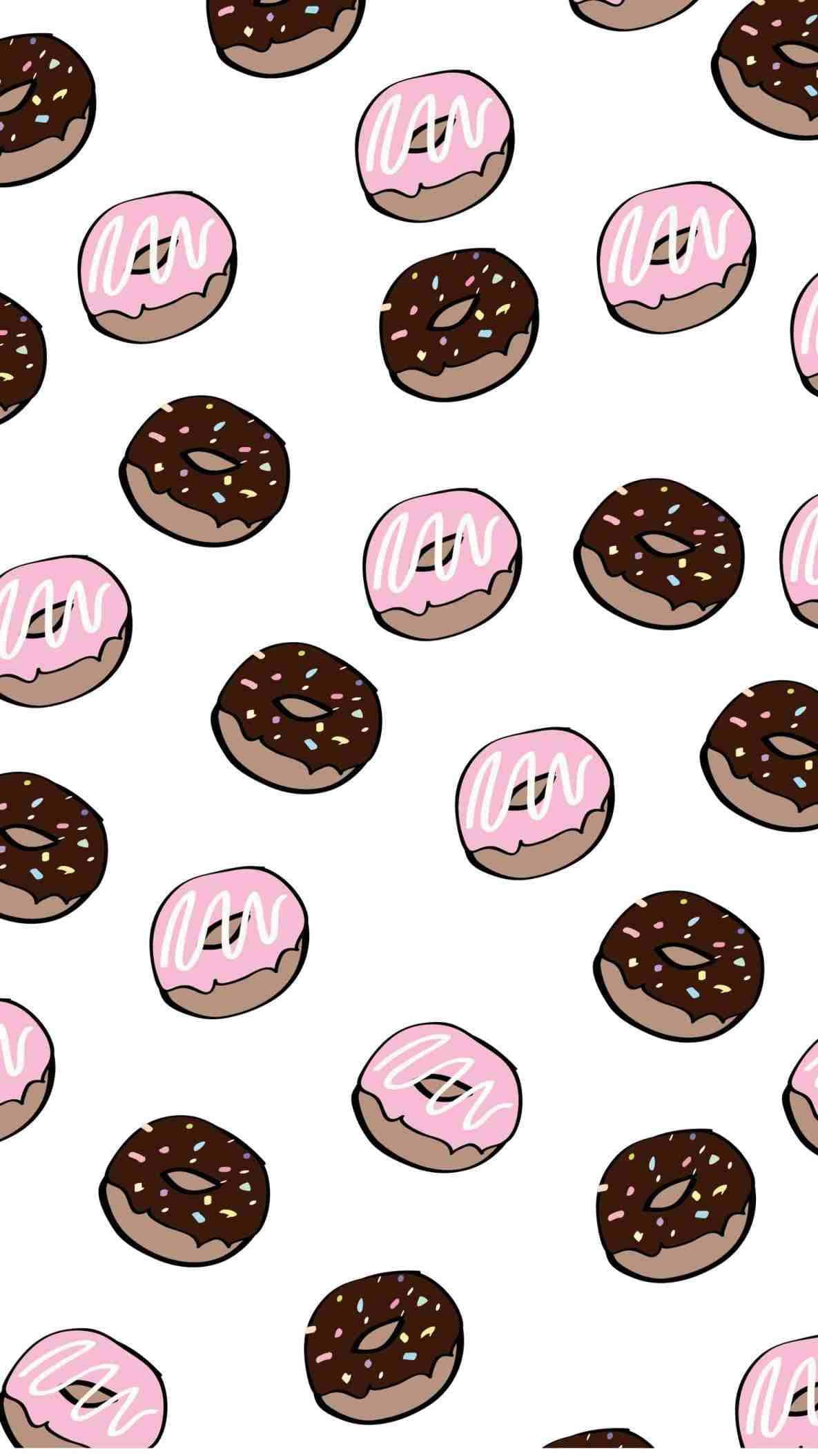 Cute Donut 桌布 壁紙 — 一個俏皮的圖案，粉紅色和巧克力糖霜甜甜圈撒上彩色糖粒，散落在潔白背景上。