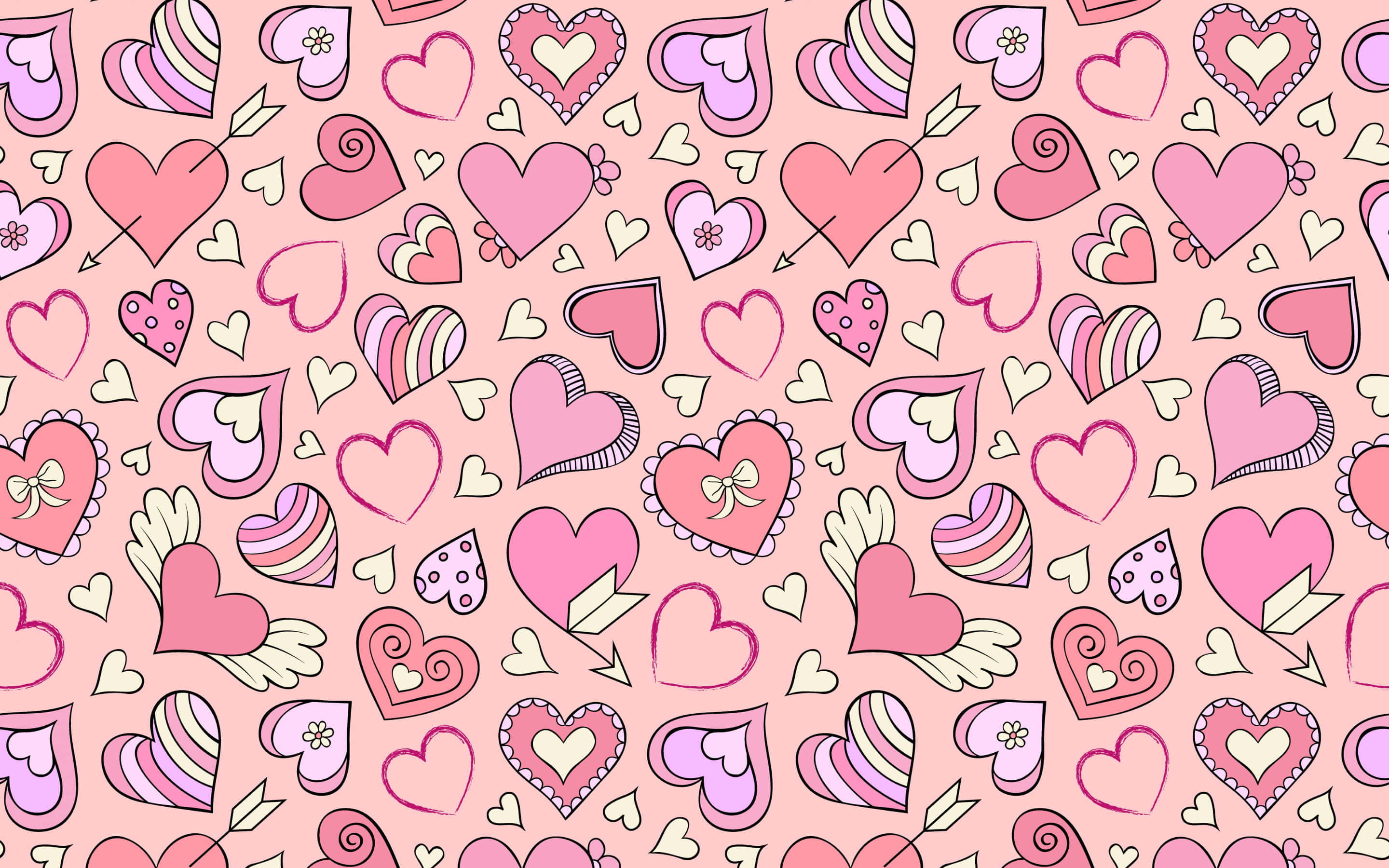Aesthetic Heart 桌布 壁紙 — 一個俏皮的圖案，粉紅色的心形帶有翅膀、箭和蝴蝶結，散落在柔和的粉紅色背景上。
