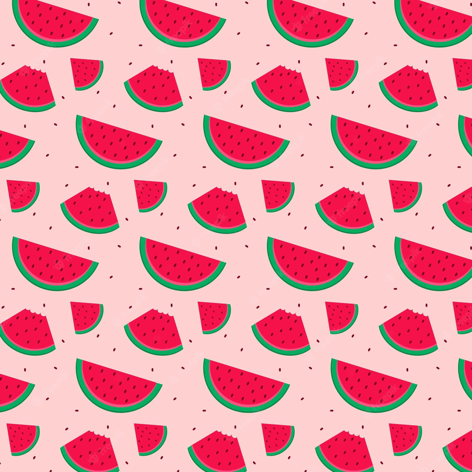 Fruit 桌布 壁紙 — 一個俏皮的圖案，鮮紅色西瓜片帶綠色外皮散落在柔和的粉紅色背景上。