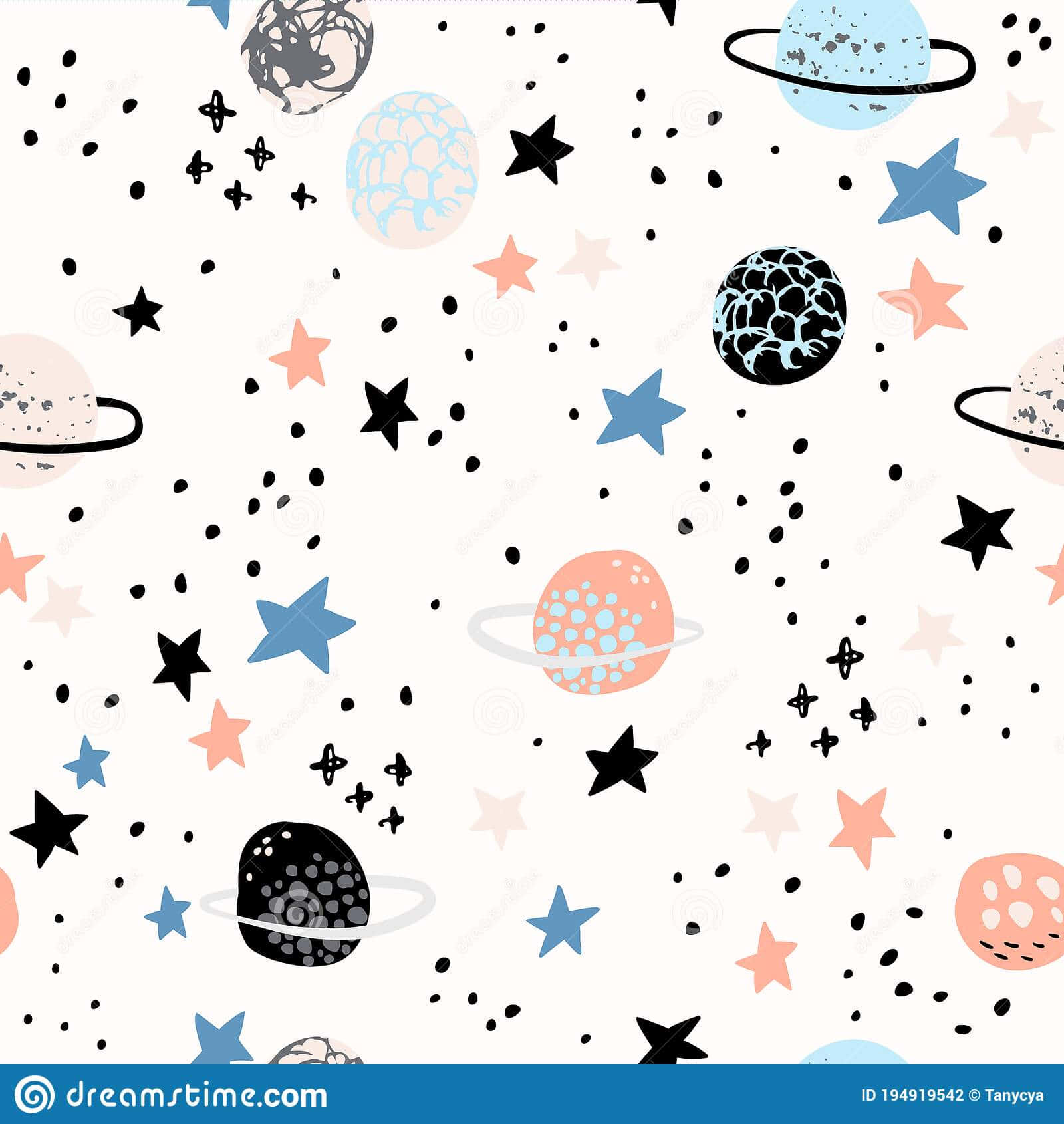 Animated Space 桌布 壁紙 — 一個俏皮的宇宙圖案，手繪的行星、星星和環散佈在白色背景上。
