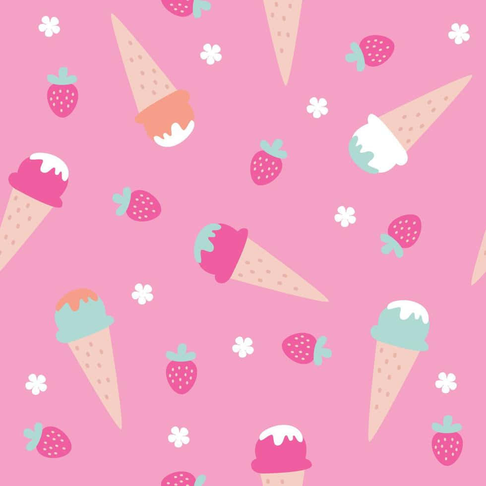 Cute Pink Aesthetic 桌布 壁紙 — 一個俏皮的粉紅色壁紙圖案，上面散落著冰淇淋甜筒和草莓，還有白色花朵。