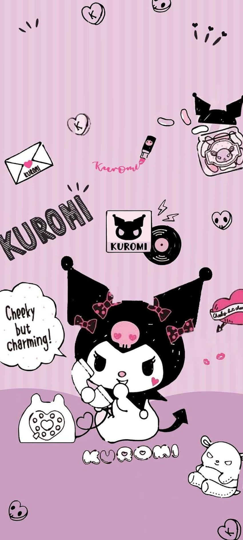 Emo Hello Kitty 桌布 壁紙 — 一個俏皮的粉紅色桌布，上面有黑色貓咪Kuromi，周圍漂浮著蝴蝶結和愛心。