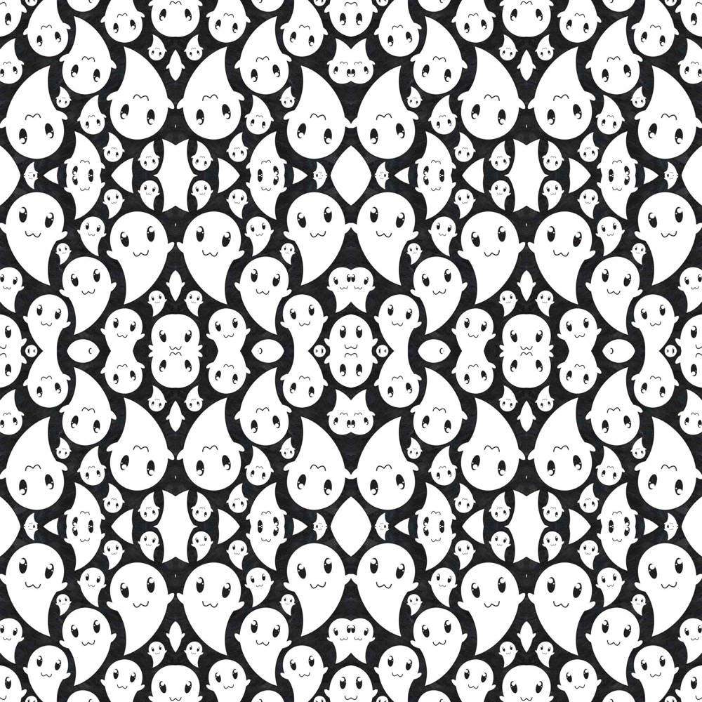 Ghost Aesthetic 桌布 壁紙 — 一個俏皮的黑白圖案，可愛的卡通鬼魂帶有各種表情和形狀在表面重複。