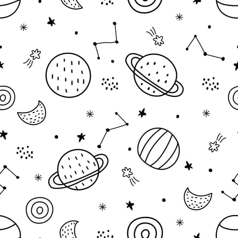 手機 桌布 壁紙 — 一個俏皮的黑白圖案，塗鴉的行星、星星和星座散落在乾淨的白色背景上。