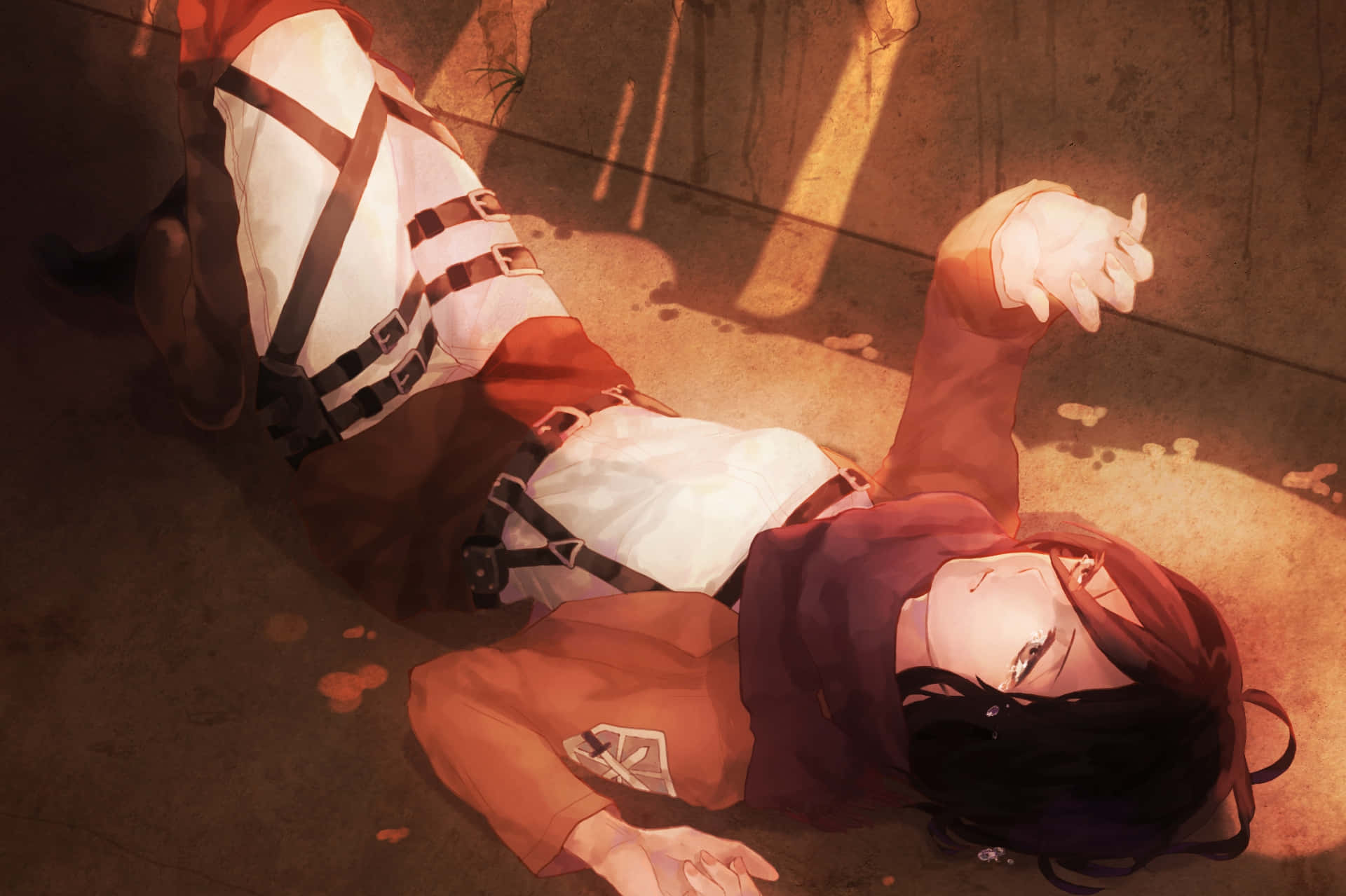 Attack On Titan Season 3 桌布 壁紙 — 一個倒下的動漫角色，身穿紅白制服，躺在陽光照射的混凝土地板上，周圍有血跡。