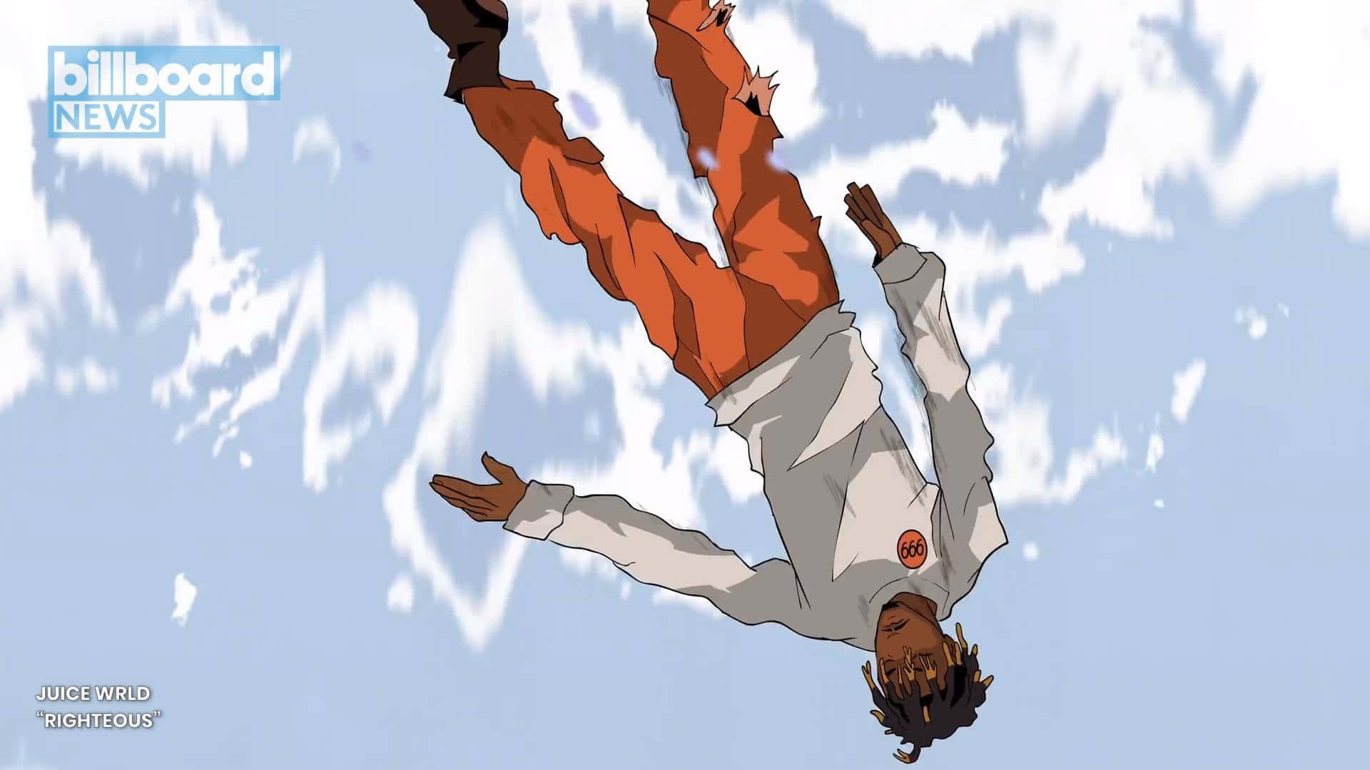 一個倒轉的動畫音樂家在多雲的天空中漂浮。 — Juice Wrld 壁紙