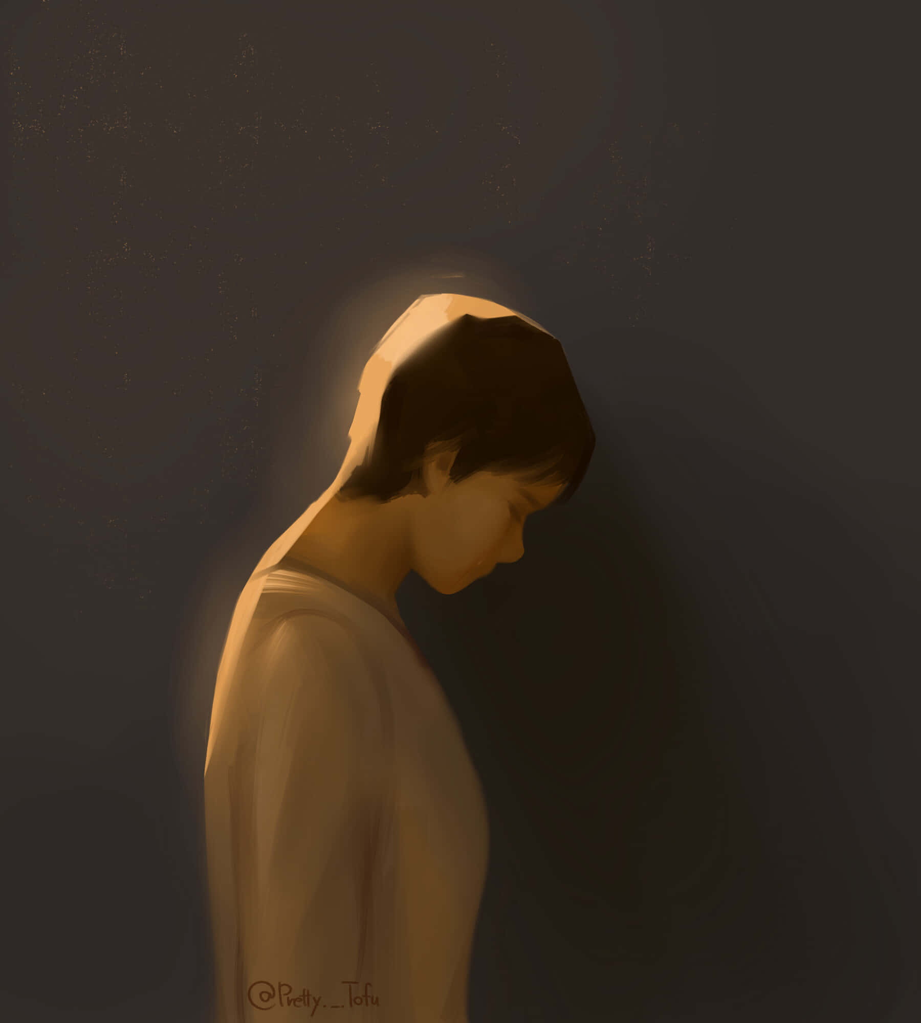 grief 桌布 壁紙 — 一個側面低頭的人，在深色紋理背景上，從背後柔和地照亮。