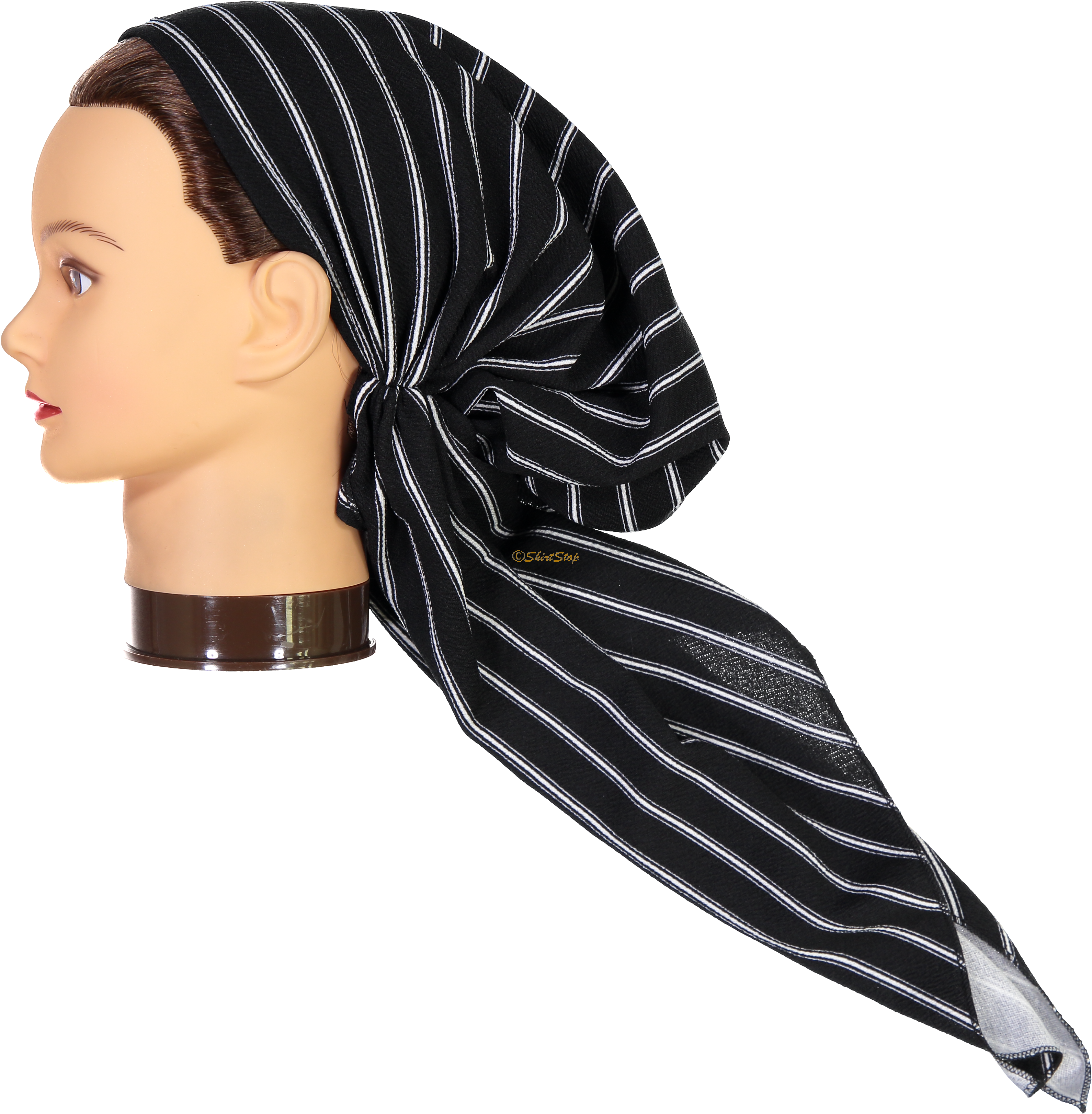 Head Bandana 桌布 壁紙 — 一個側面的人體模型頭部戴著一條黑白條紋圍巾，打結在純黑色背景前。