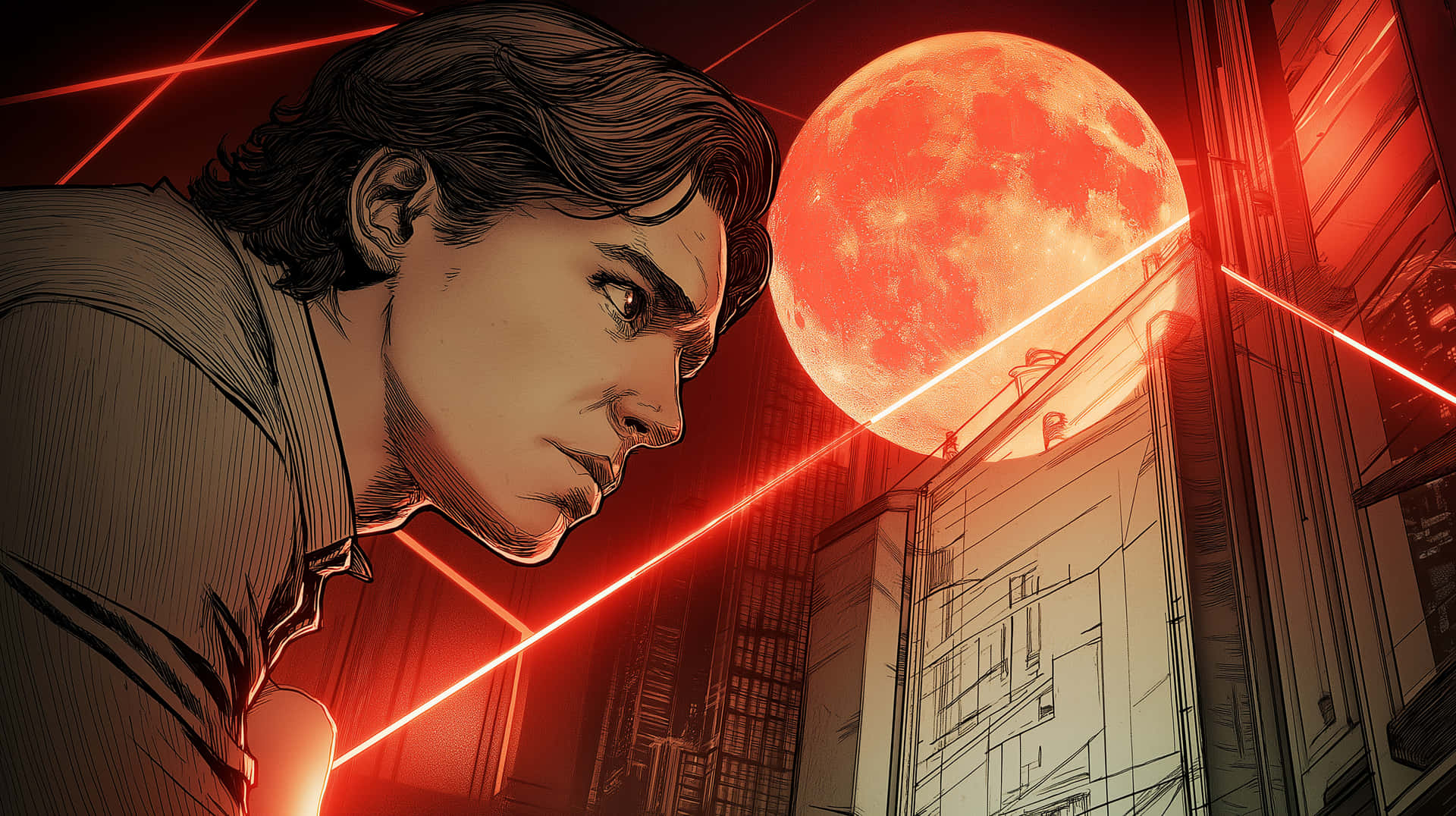 Man Observing Red Moon Cityscape with Laser Beams 壁紙 — 一個側面的男人向上望著一個巨大的紅色月亮，而發光的紅色雷射光束穿過一個未來城市景觀。