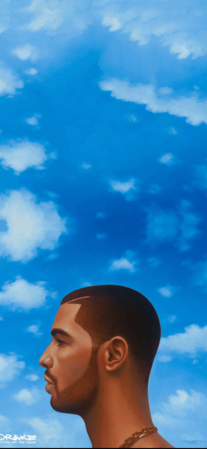 Aesthetic Drake 桌布 壁紙 — 一個側面的男人向上望著一片佈滿柔軟白雲的廣闊藍天。