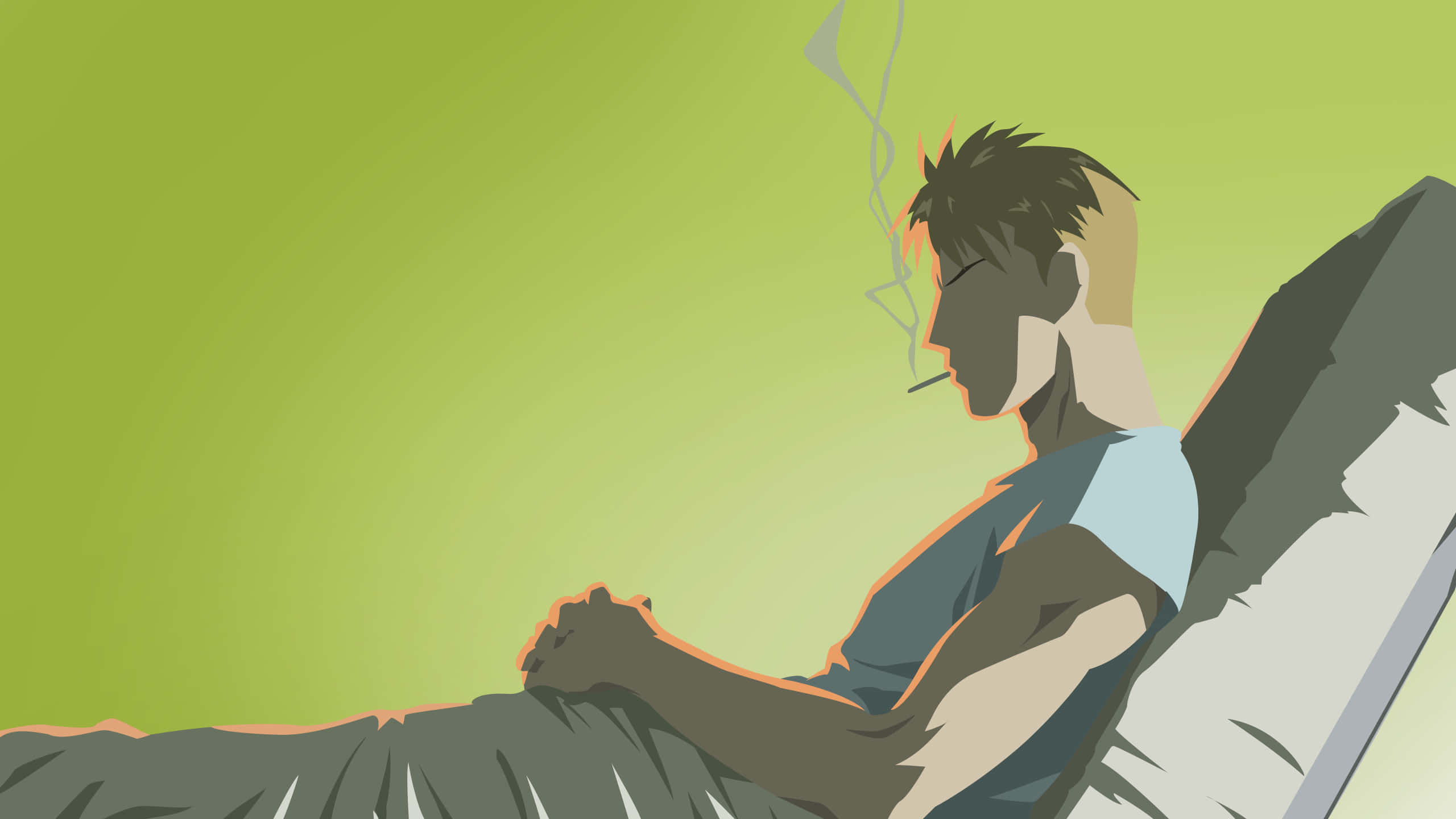 Jean Havoc 桌布 壁紙 — 一個側面的男人在綠色漸變背景前靠在椅子上抽煙。