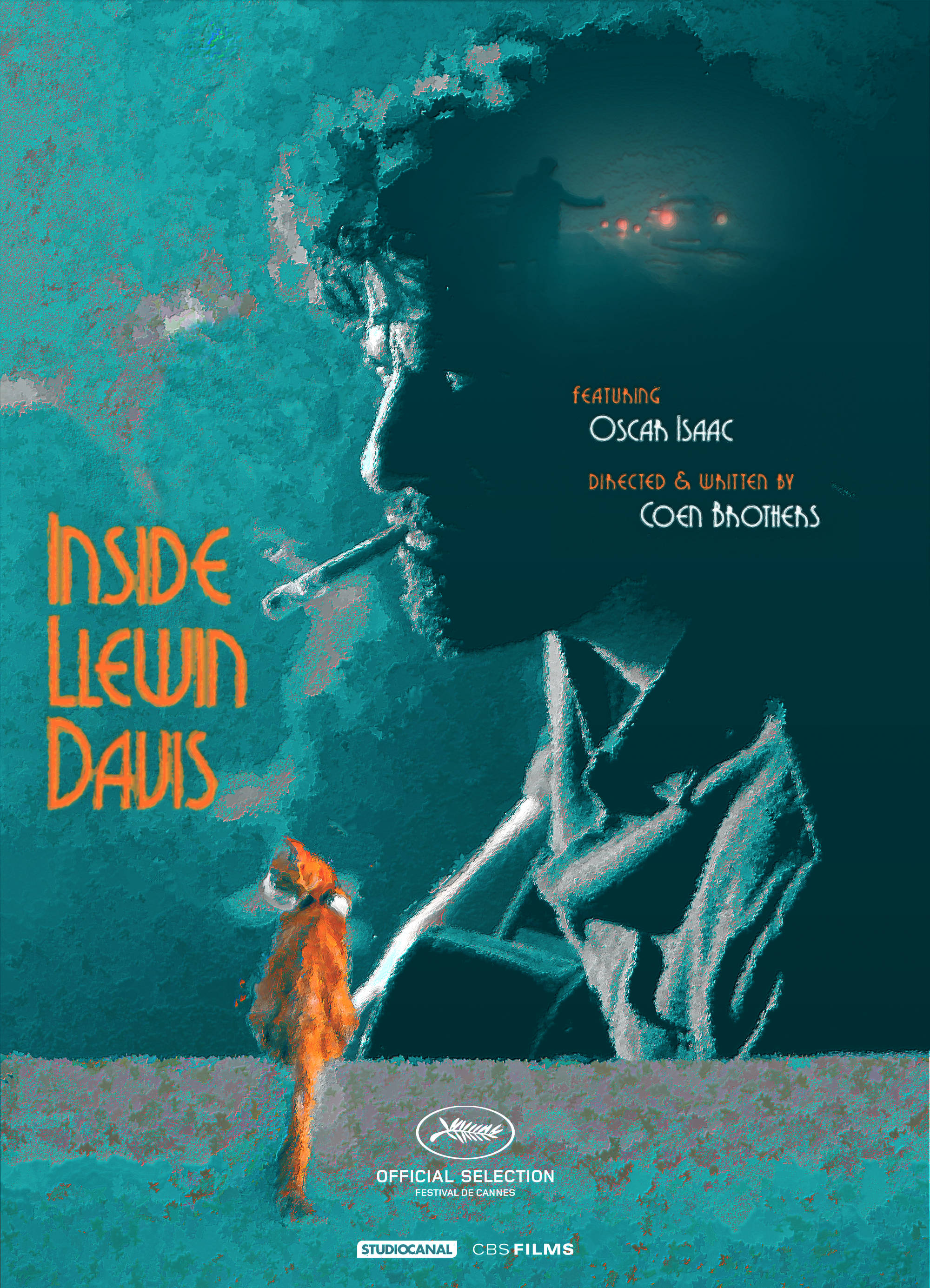inside llewyn davis 桌布 壁紙 — 一個側面的男人在青綠色紋理背景前抽煙，下面有一隻小橙色貓，遠方有車燈在煙霧中。