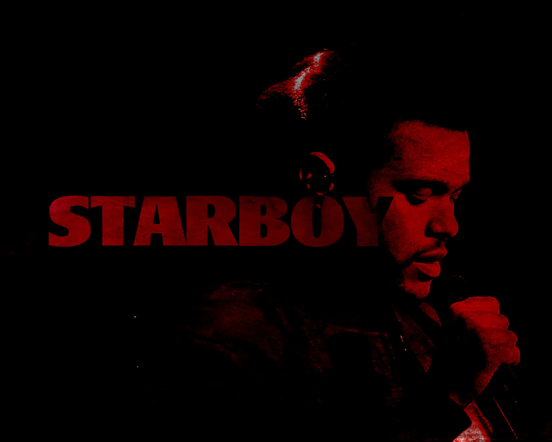 桌布 壁紙 — 一個側面的男人在黑色背景上被紅光照耀，上面疊加了STARBOY這個詞。