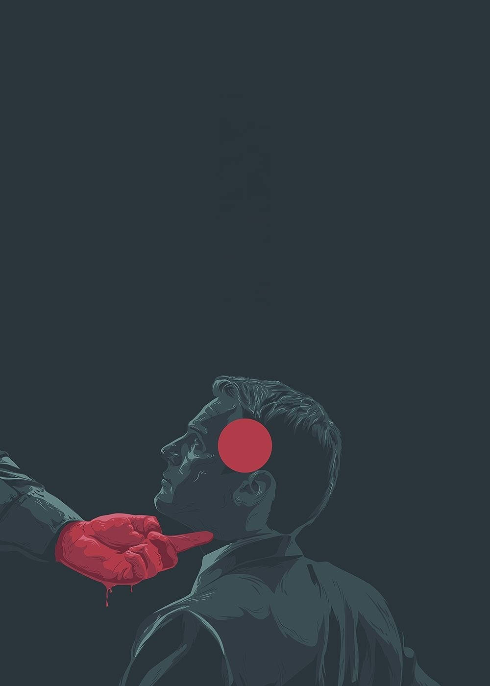 graphic design 桌布 壁紙 — 一個側面造型的男子，太陽穴上有一個紅色圓圈，一隻戴紅色手套的手指著它，背景為深灰色。
