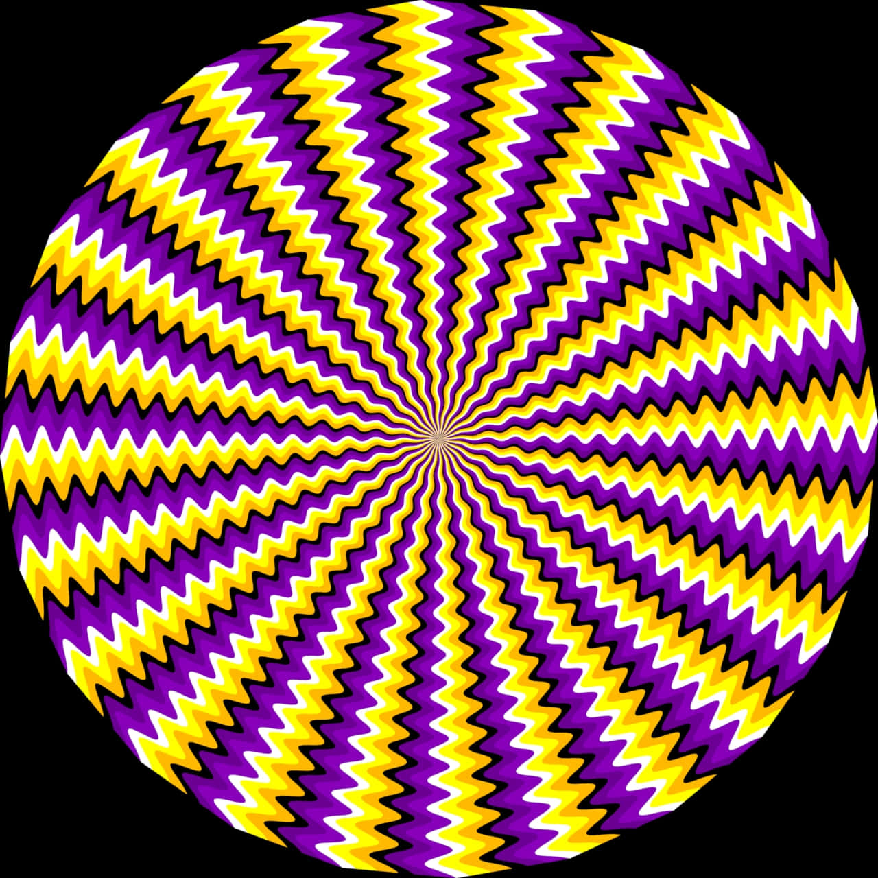Circle 桌布 壁紙 — 一個催眠球體，帶有從中心點向黑色背景輻射的醒目紫色和黃色鋸齒圖案。
