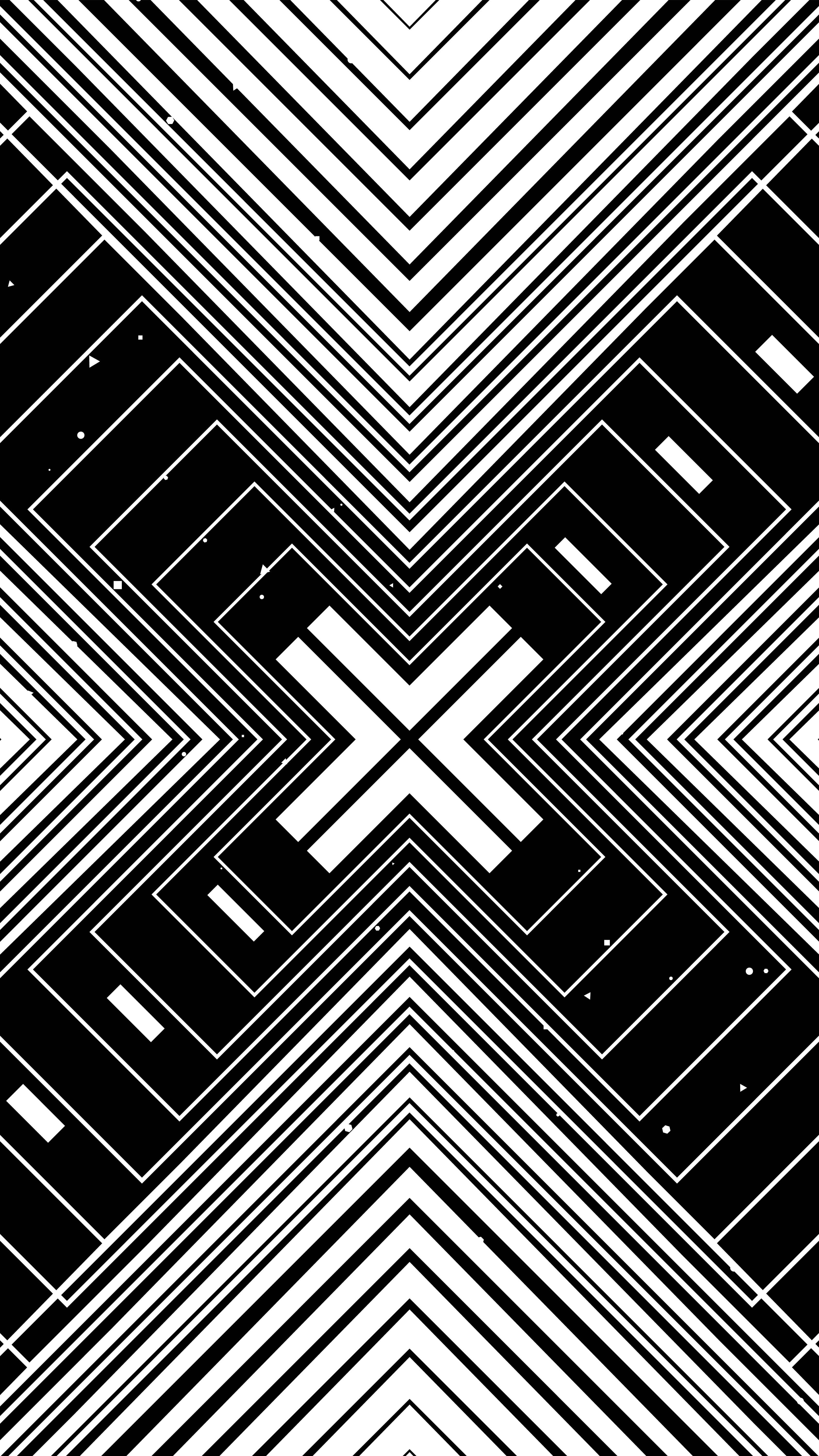 X 桌布 壁紙 — 一個催眠的黑白幾何圖案從中央的X向外輻射，帶有尖銳的角線和重複的菱形形狀。