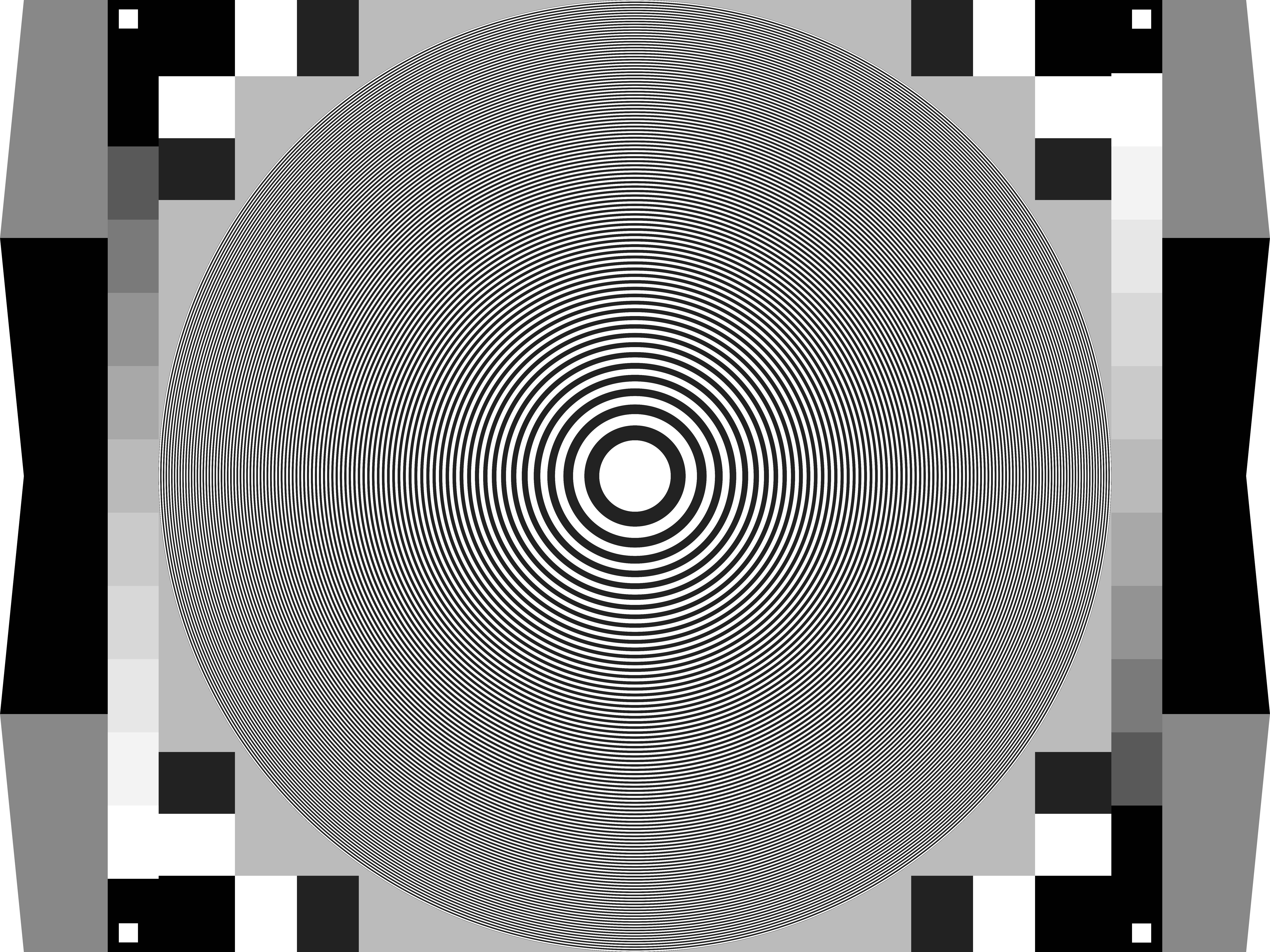 Illusion 桌布 壁紙 — 一個催眠的黑白放射狀圖案，由同心線條創造隧道效果，並以幾何像素藝術邊框框起。