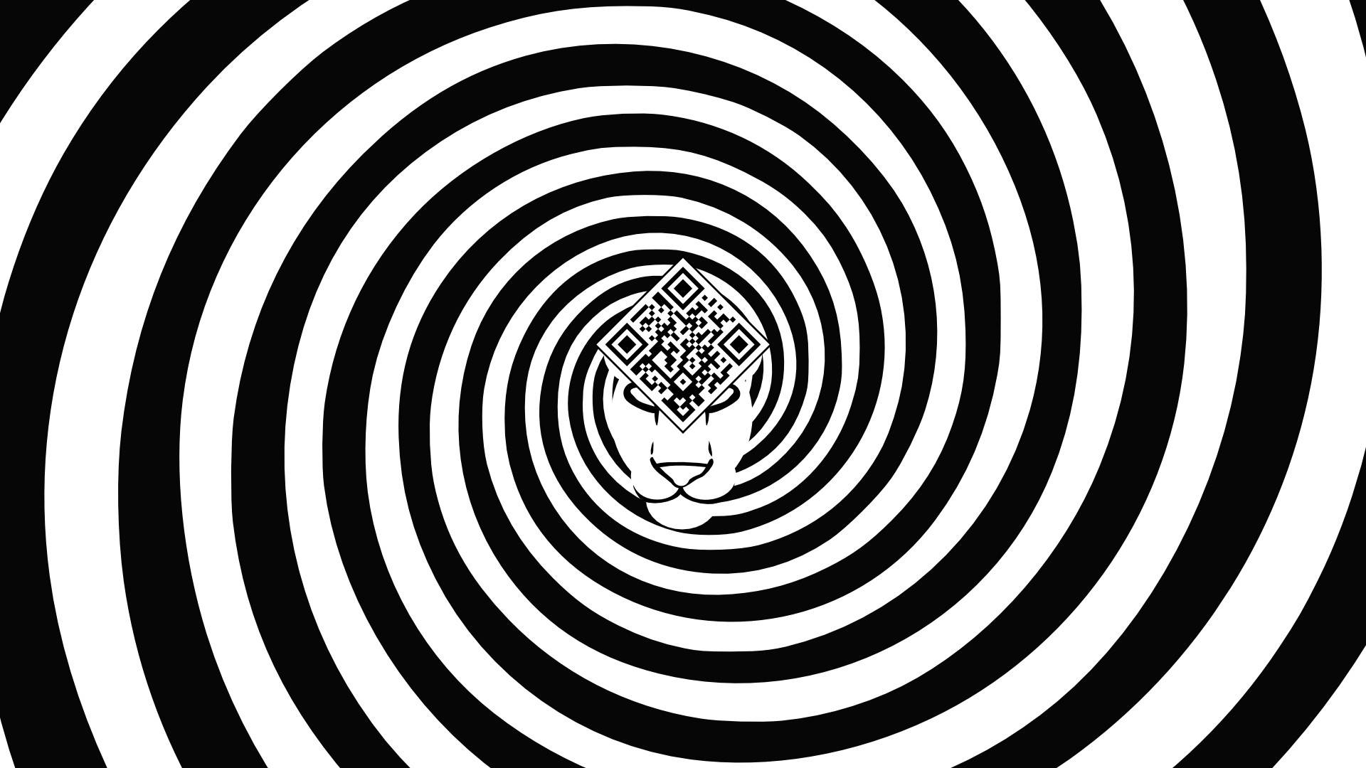 Hypnosis 桌布 壁紙 — 一個催眠的黑白螺旋將視線吸引到一個風格化的獅子頭上，其額頭帶有QR碼圖案。