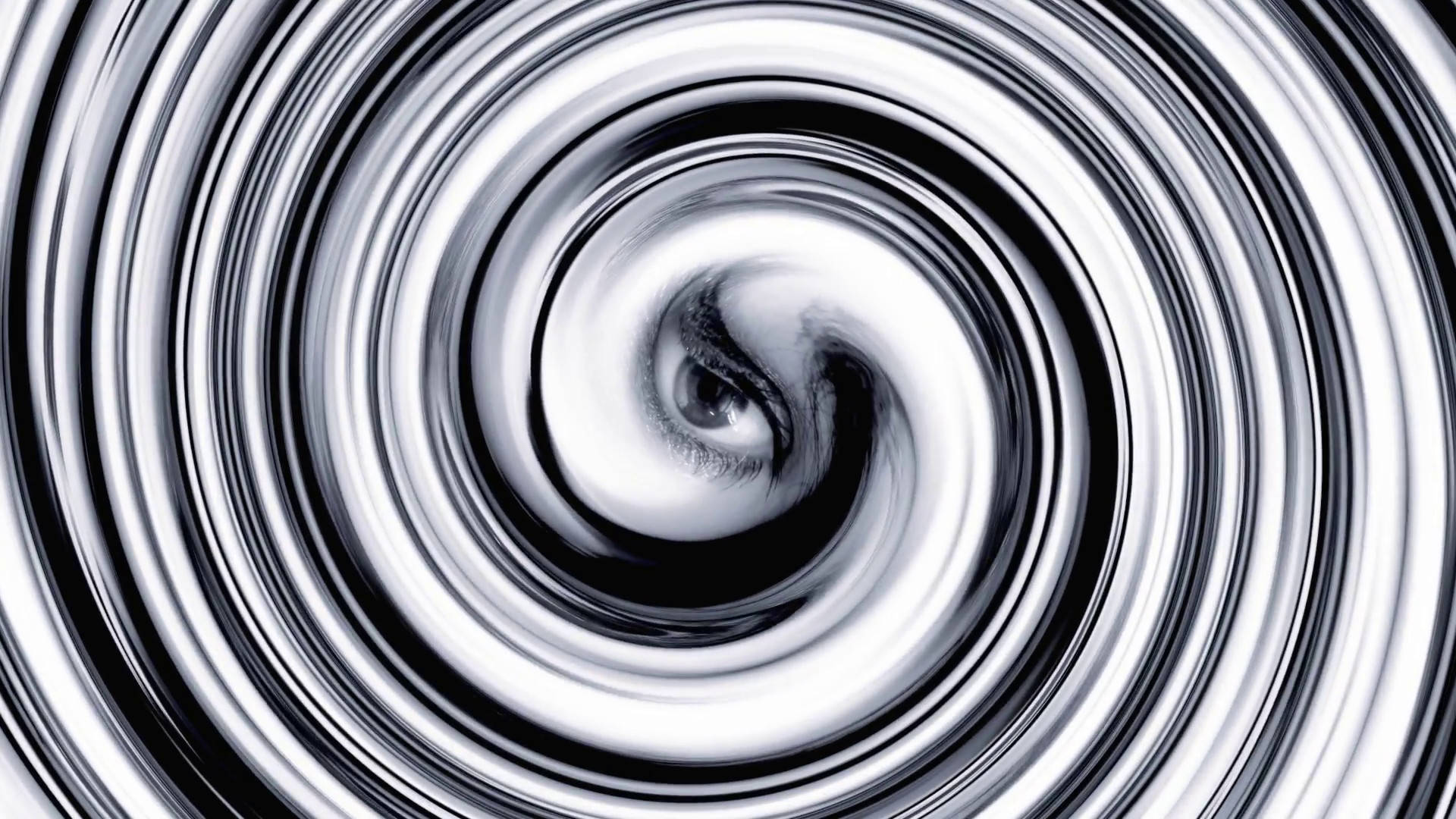 Hypnosis 桌布 壁紙 — 一個催眠的黑白螺旋漩渦，將視線向內吸引至中央的人眼。