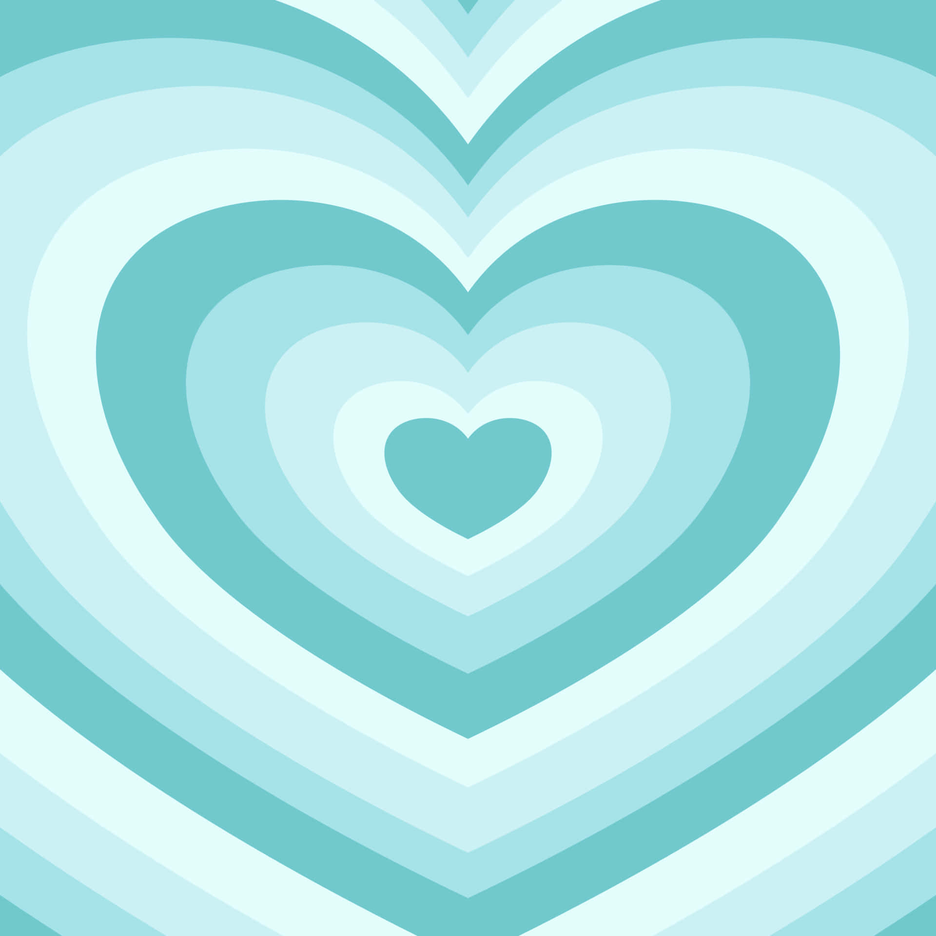 Teal Aesthetic 桌布 壁紙 — 一個催眠般的圖案，由柔和青綠色和白色的同心心形從中心心形向外輻射。