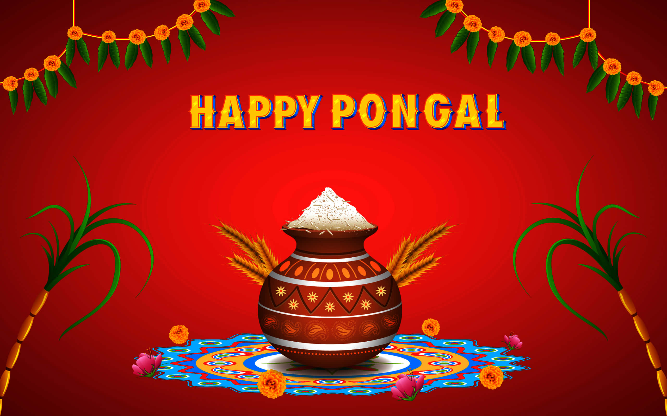 Pongal 桌布 壁紙 — 一個傳統Pongal鍋的節日插圖，鍋裡溢出米飯和小麥稈，放在色彩繽紛的rangoli上，背景為紅色，並有花環裝飾。
