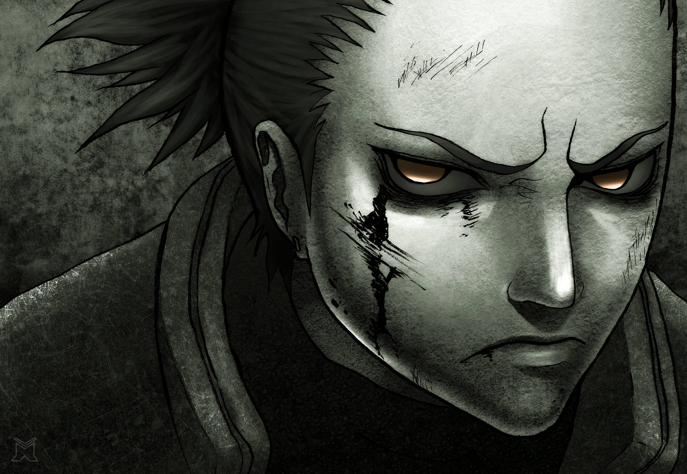 Shikamaru 桌布 壁紙 — 一個傷痕累累的男人粗獷動畫肖像，擁有發光琥珀色眼睛和尖刺頭髮，背景是紋理灰色。