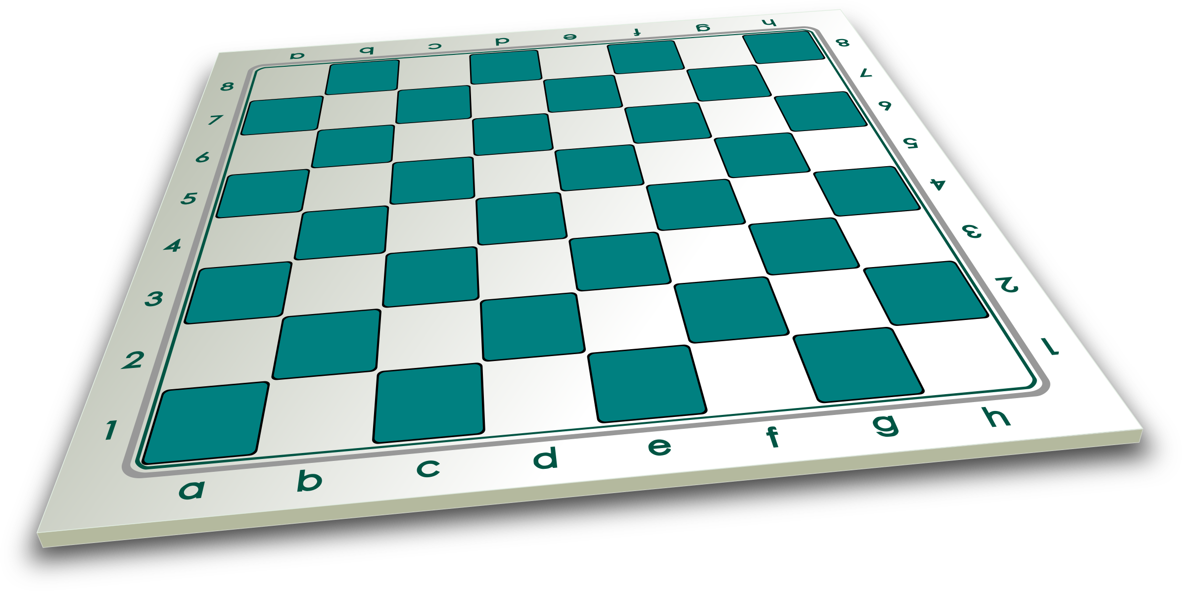 西洋棋 桌布 壁紙 — 一個傾斜的國際象棋棋盤，帶有青綠色和白色方格，標有 a-h 和 1-8，背景為黑色。