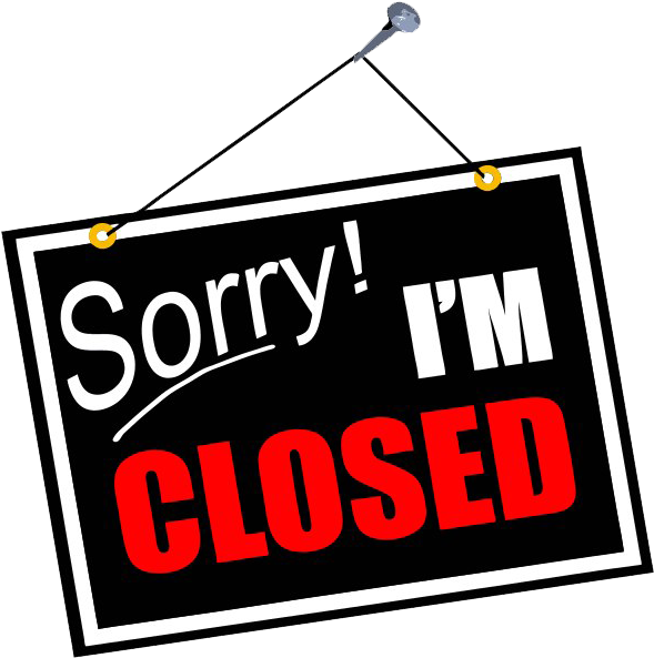Closed Sign 桌布 壁紙 — 一個傾斜的黑色標誌，上面有白色和紅色的文字寫著「Sorry! I'M CLOSED」，用繩子掛在釘子上，背景為深色。